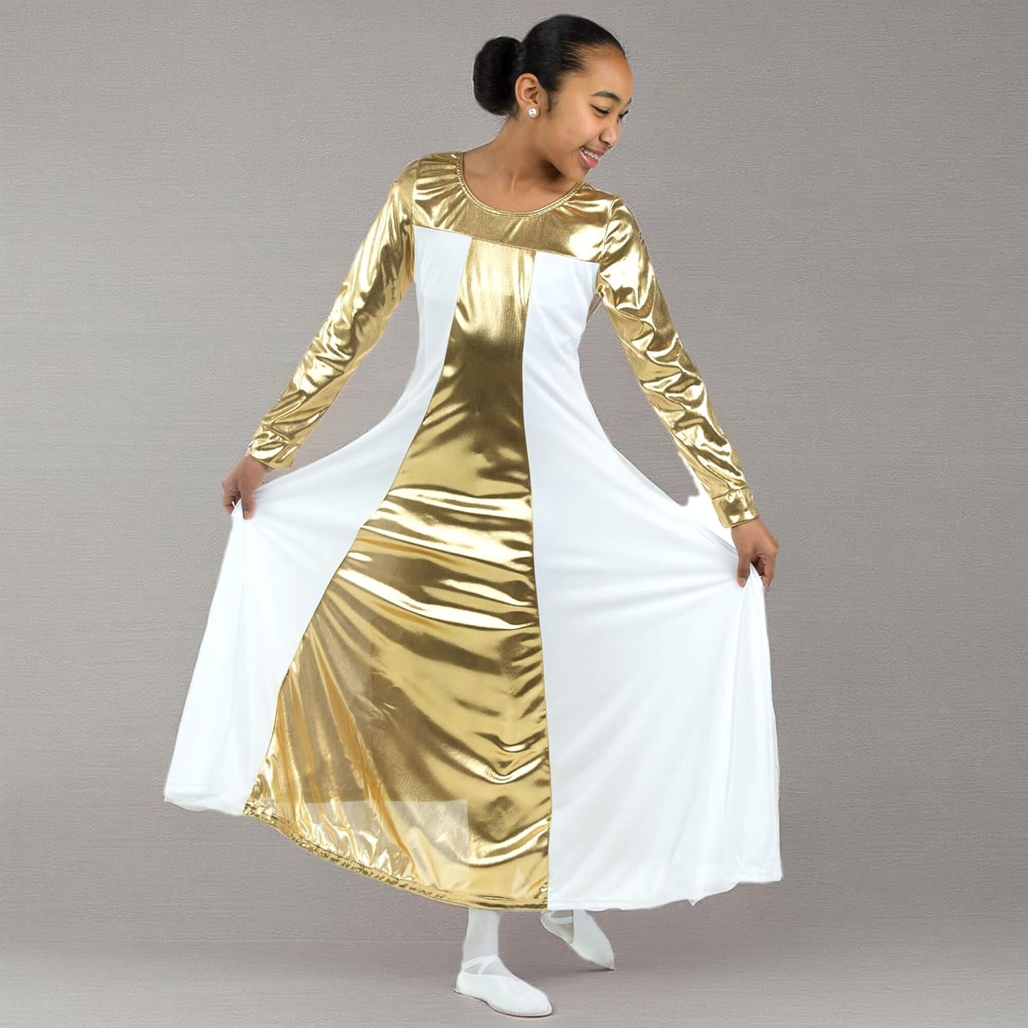 Danzcue Praise Dance Dress for Girls Metallic Color Block Long Sleeve Praise Dance Dress - Image 5