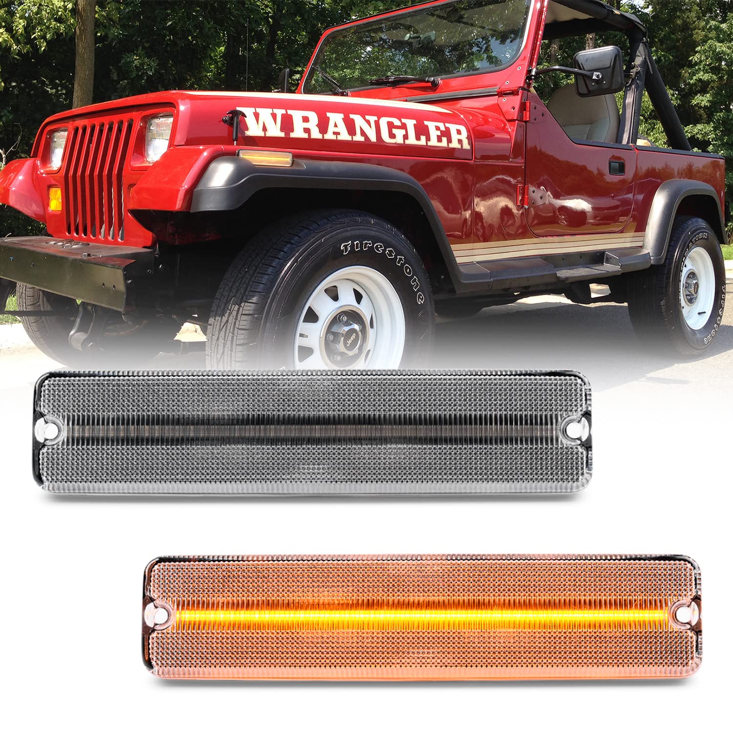 NSLUMO Wrangler YJ LED Front Side Marker Lights Replacement for 1987-1995 J-eep Wrangler, Clear Lens Amber Led Fender Turn Signal Reflector Light Kit Pair Driver Passenger Lamp Assembly 56001424