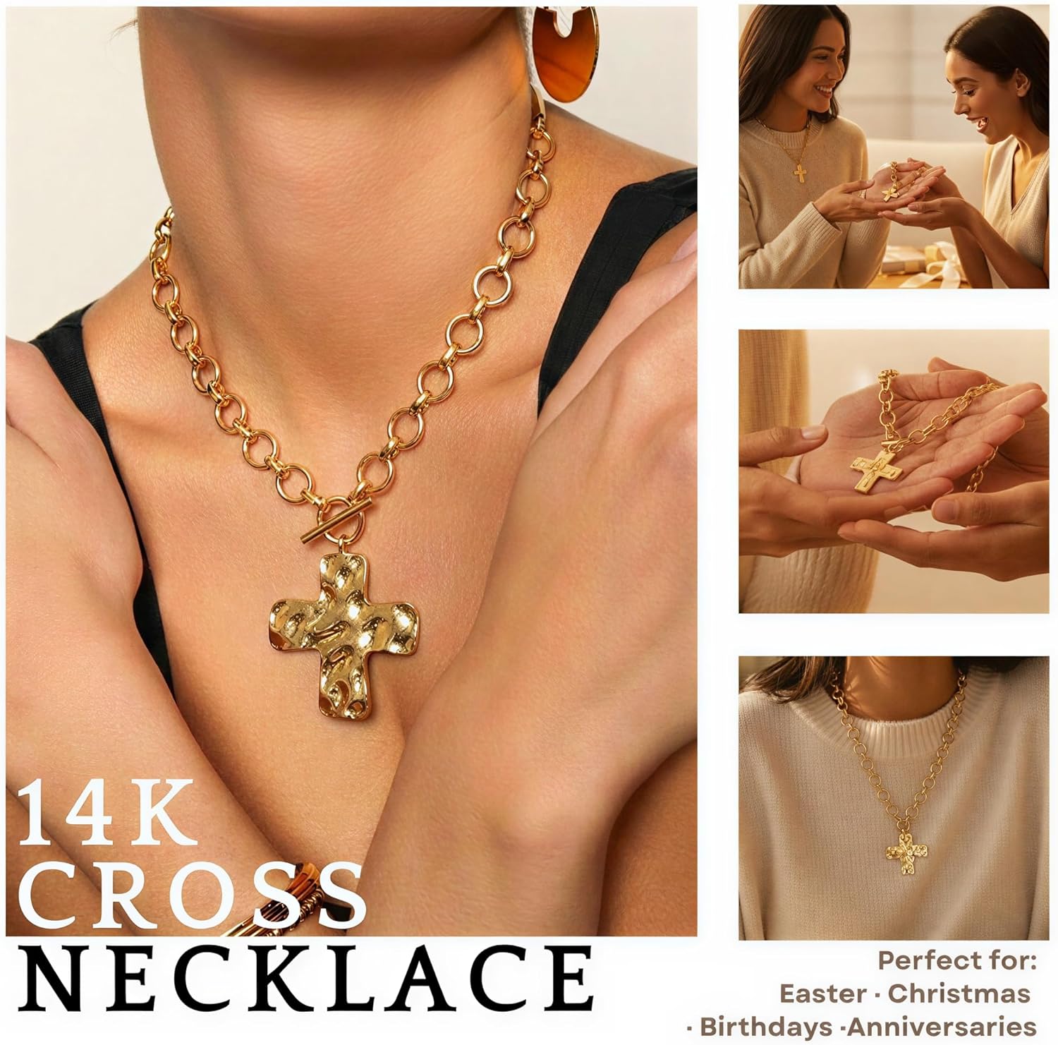 FAXHION Chunky Cross Necklace for Women, Gold Tone Toggle Chain Statement Necklace with Textured Cross Pendant, Vintage Chunky Necklace Jewelry Gift for Women - Image 3