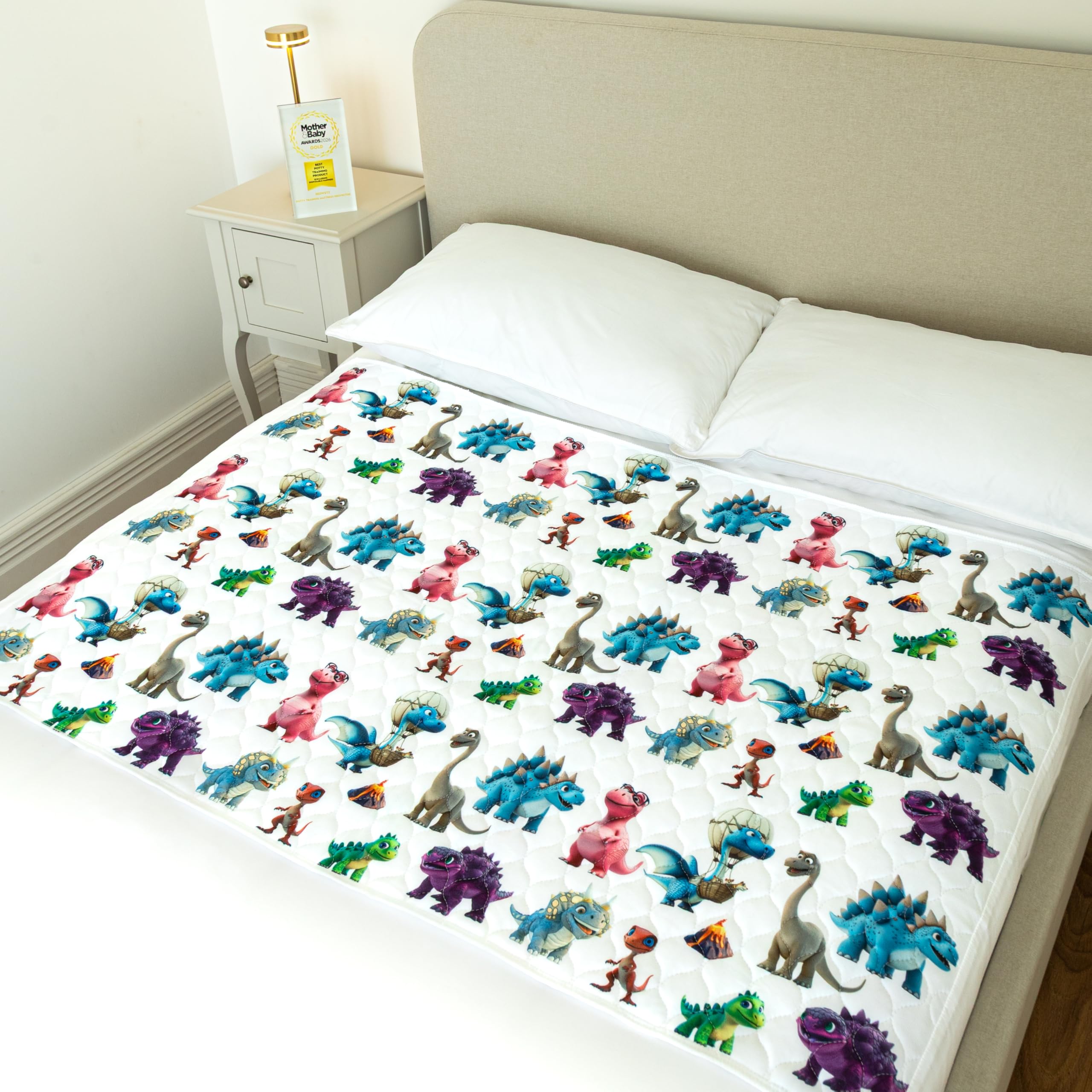 Bedwetz Double Dinosaur Potty Training Bed Pad – Waterproof Mattress Protector For Double Beds, Washable 5-Layer Bed Wetting Sheet With Non-Slip Wing Tucks | Dinosaur