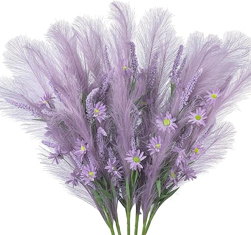 6 piezas de hierba sintética de las pampas con flores de margarita, ramo de pompas artificiales de oreja de trigo, caña alta falsa para sala de