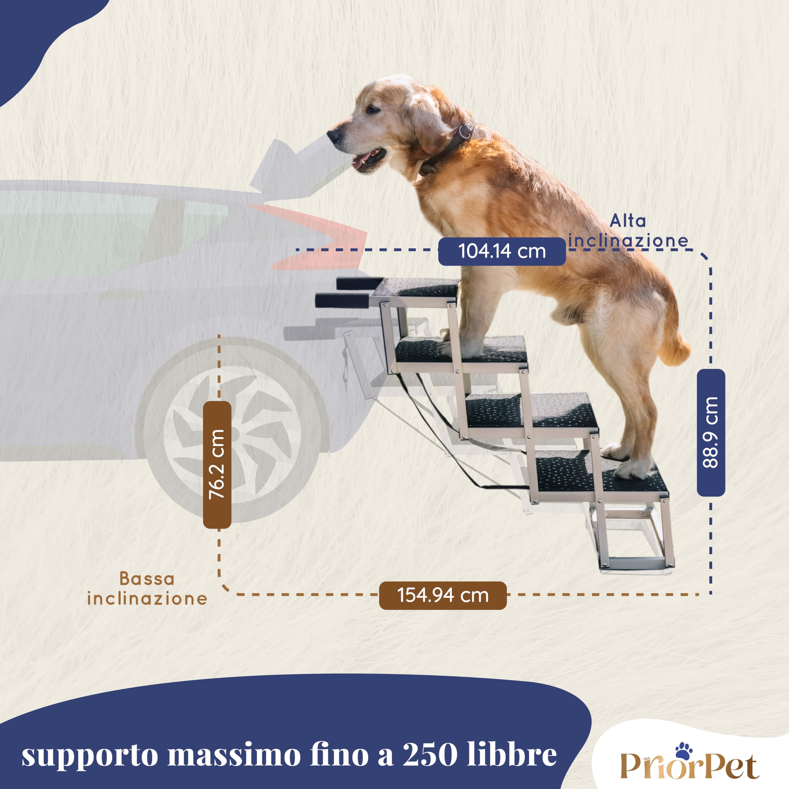 Scala per cani Auto pieghevole – Scala extra larga per cani grandi – Per auto alte e SUV – Passaggi luminosi di notte – Aiuto per articolazioni – Superficie antiscivolo – Fino a 105 kg – 4 gradini