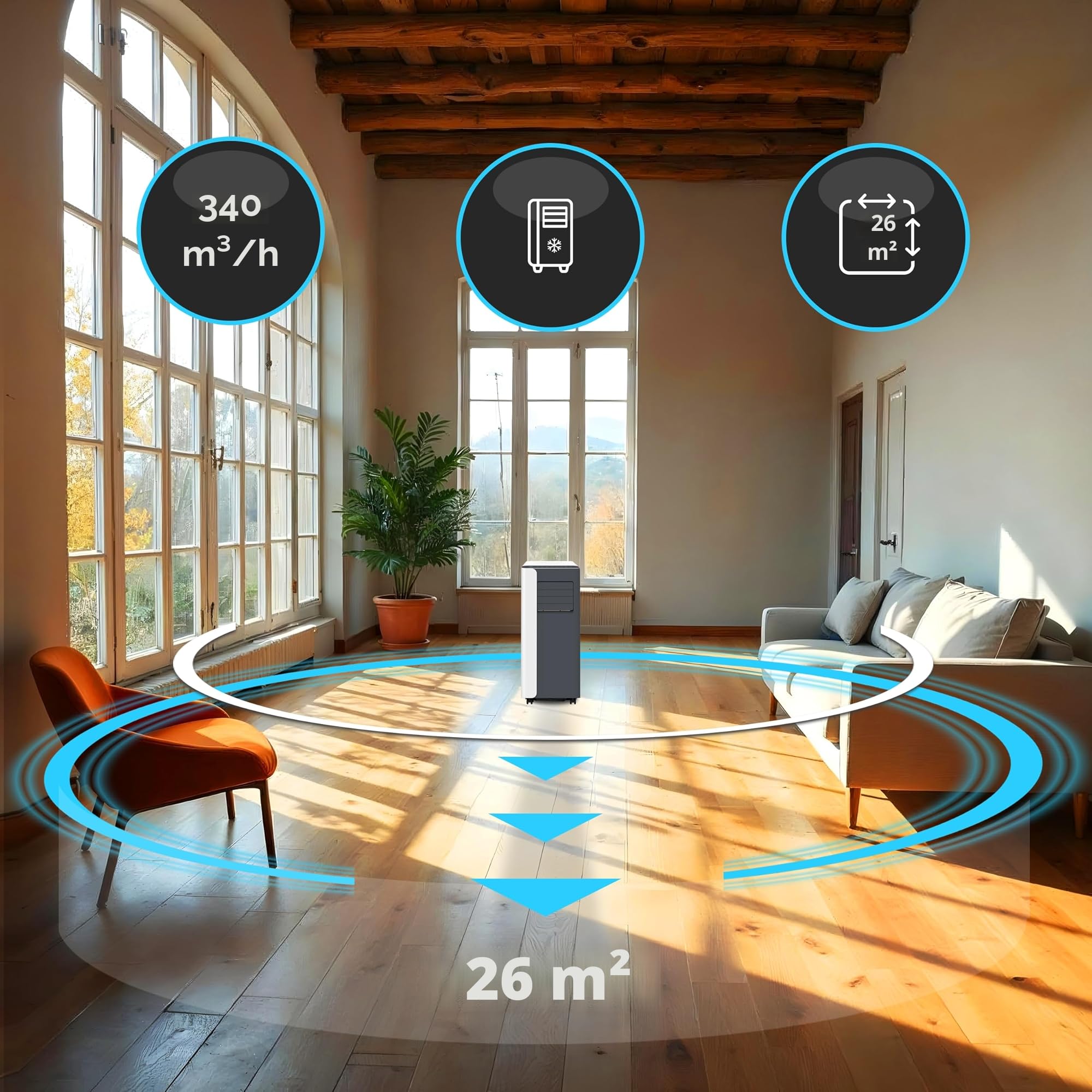 Mobile Klimaanlage 9000 BTU WiFi Tuya Smart Klimaanlage Mobil mit Abluftschlauch Mini 2,6 kW 3-in-1 Portable Air Conditioner 26 m² Fensterabdichtung