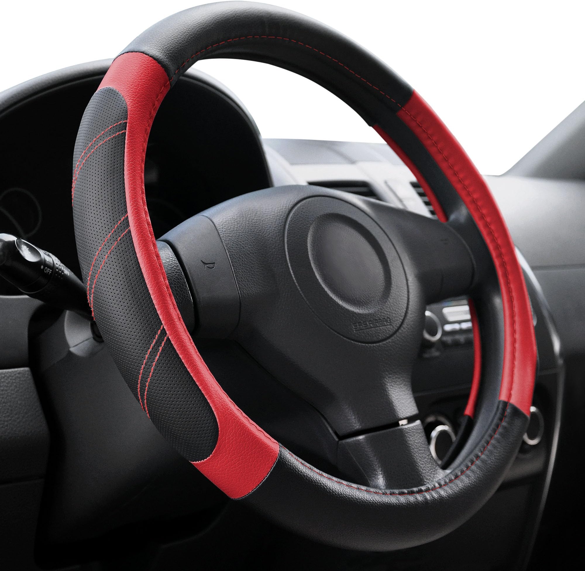 Leather Steering Wheel Cover 14 1/2 to 15 inch Universal Padded Soft Grip Breathable for Car Truck SUV Jeep Anti Slip Black and Red
