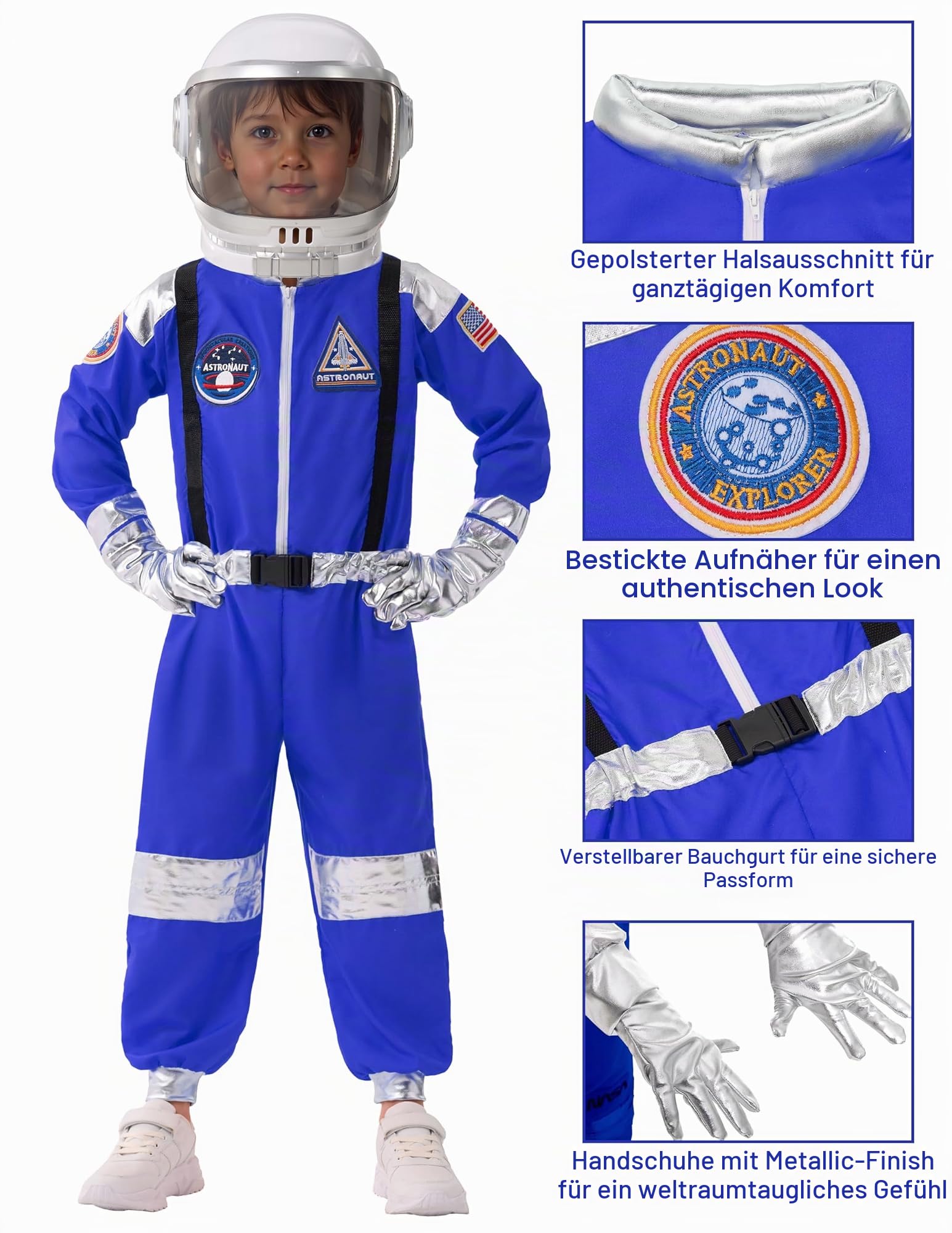Spooktacular Creations Halloween-Astronautenkostüm für Kinder, blaues Unisex-Astronauten-Outfit-Set mit Helm, Piloten-Overall für Kleinkinder für Halloween-Kostüm-Anziehparty (3T, 3–4 Jahre)