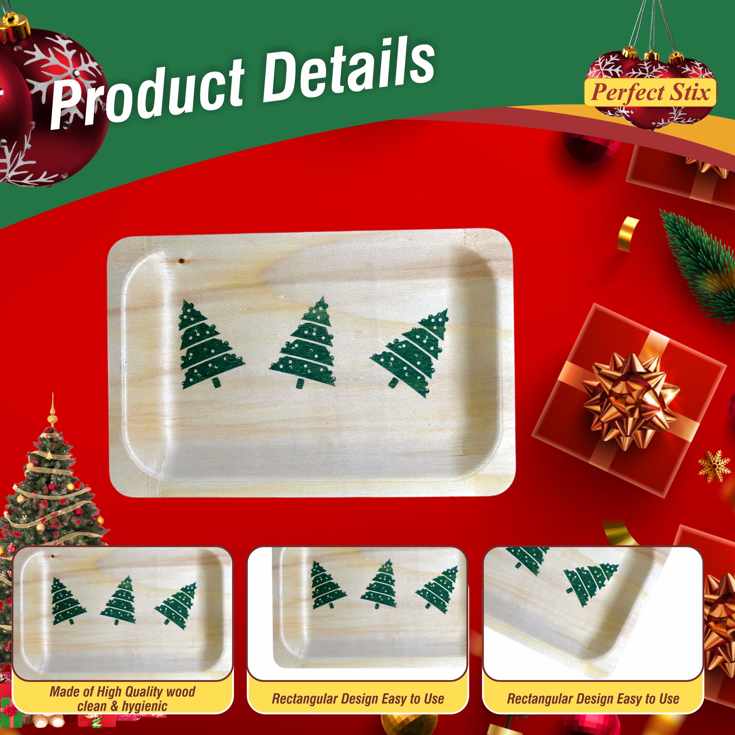 Perfect Stix Plato de madera desechable de 17,78 cm con estampado de árbol de Navidad, paquete de 25 unidades