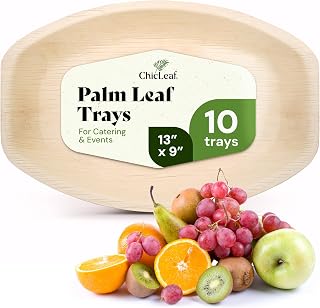Chic Leaf All Natural Compostable & Disposable Rectangular 13" x 9" Palm Leaf Serving Tray for Winter Events, Charcuterie Board, Catering & Weddings - Party Supplies (10 pc)