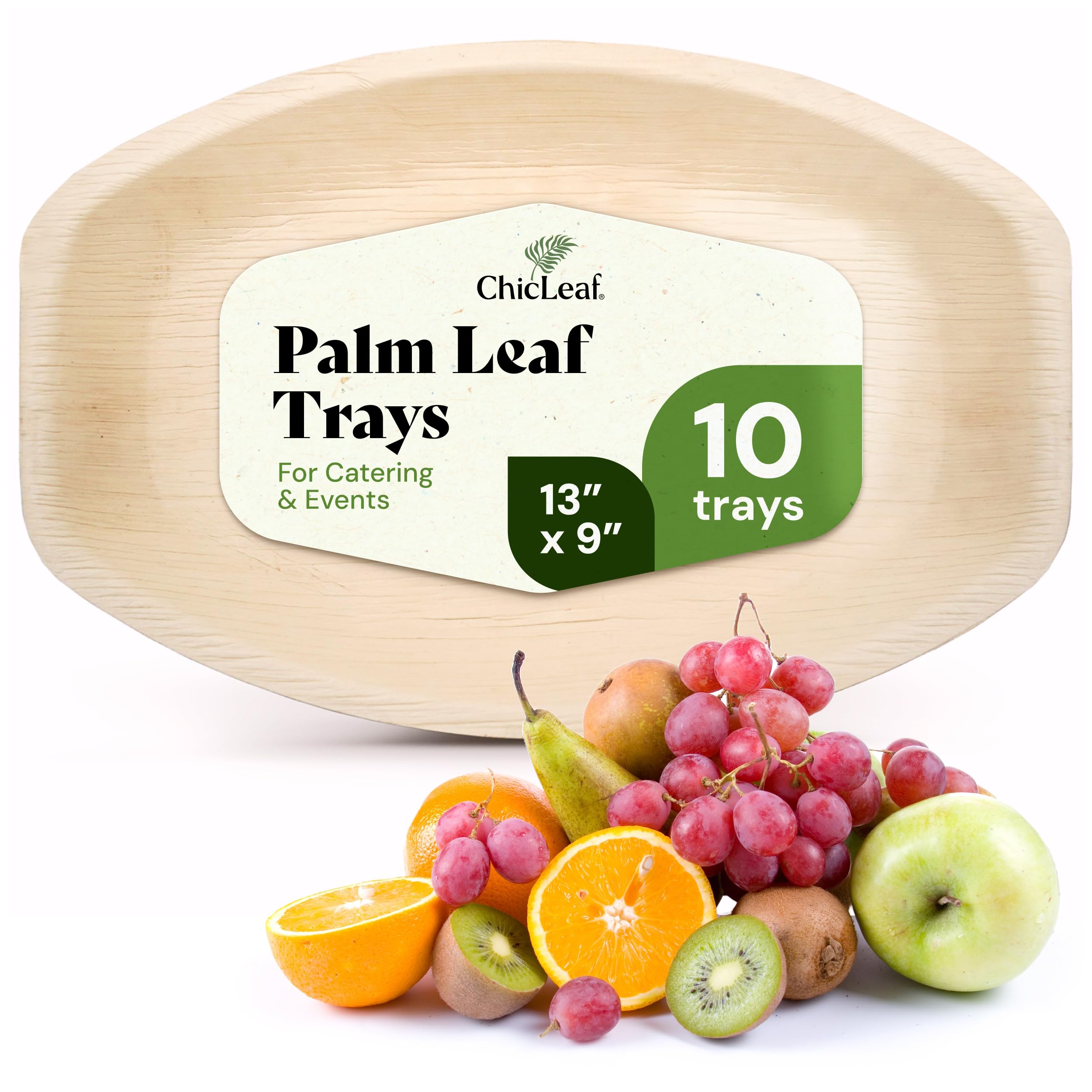 Chic Leaf All Natural Compostable & Disposable Rectangular 13" x 9" Palm Leaf Serving Tray for Winter Events, Charcuterie Board, Elegant Valentine’s Gourmet Catering & Weddings (10 pc)