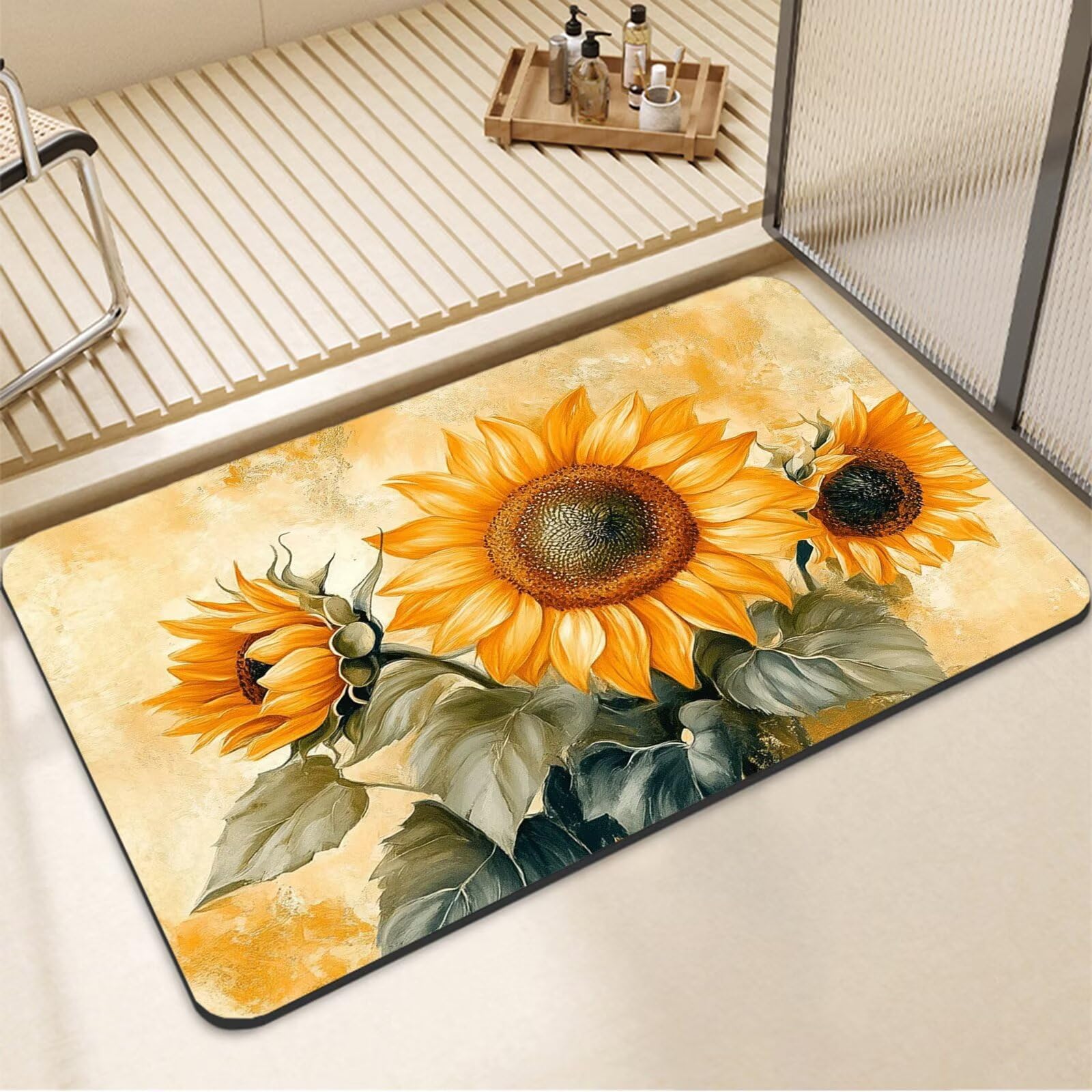 Tapis de bain 40x60cm Sunflowers en diatomite ultra mince pour douche
