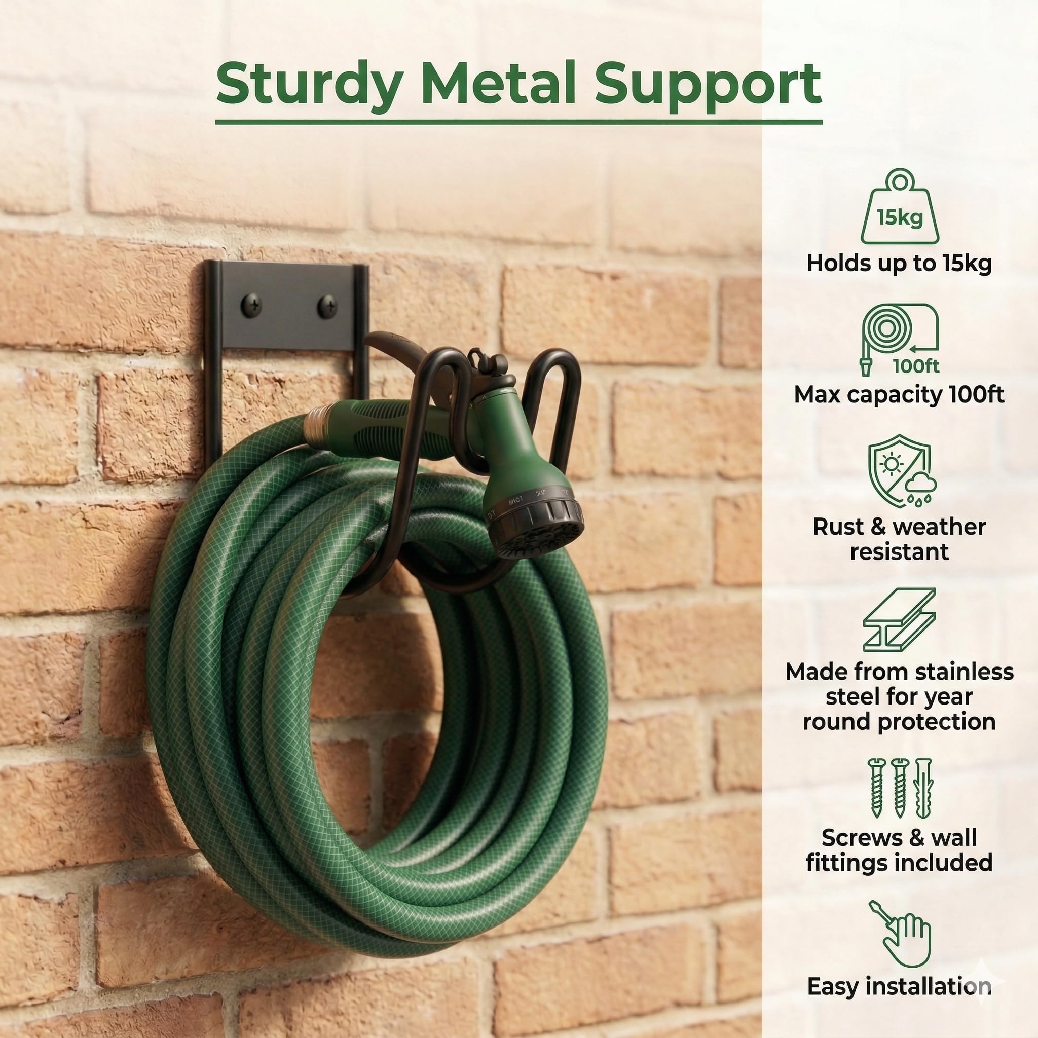 Garden Hose Holder Wall Mounted Metal Hose Pipe Hanger with Fittings - Metal Hosepipe Holder for Wall Storage - Outdoor Mounted Garden Hosepipe Hook with Fittings (Black) — view 3