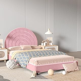 DGBAOBEI Rainbow Velvet Wooden Kids Bed, Single Children Bed Frame with Headboard and Footboard, Solid Wood Toddler Bed for Boys and Girls (Pink)