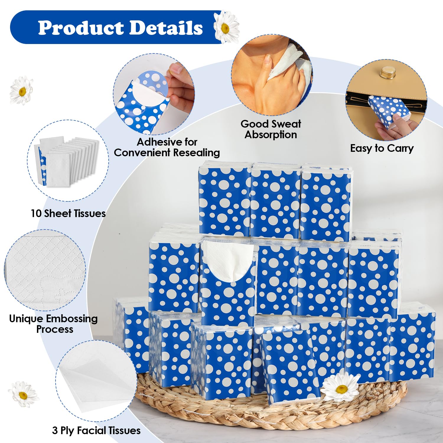 60 Pack Pocket Tissues Travel Tissue Packs 600 Sheets Tissues Travel Size 3 Ply Unscented Small Mini Tissue Pack Unique Embossing Process Individual