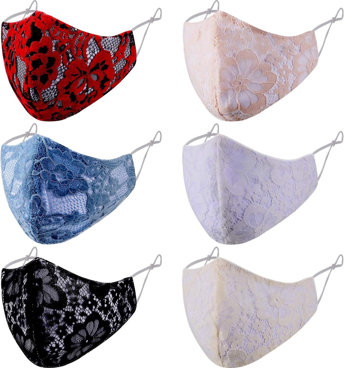 Nuanchu 6 Pieces Lace Flowers Facial Protection Adult Vintage Lace Embroidered Face Covering (Pink Lace Flower, Red Lace Flower)
