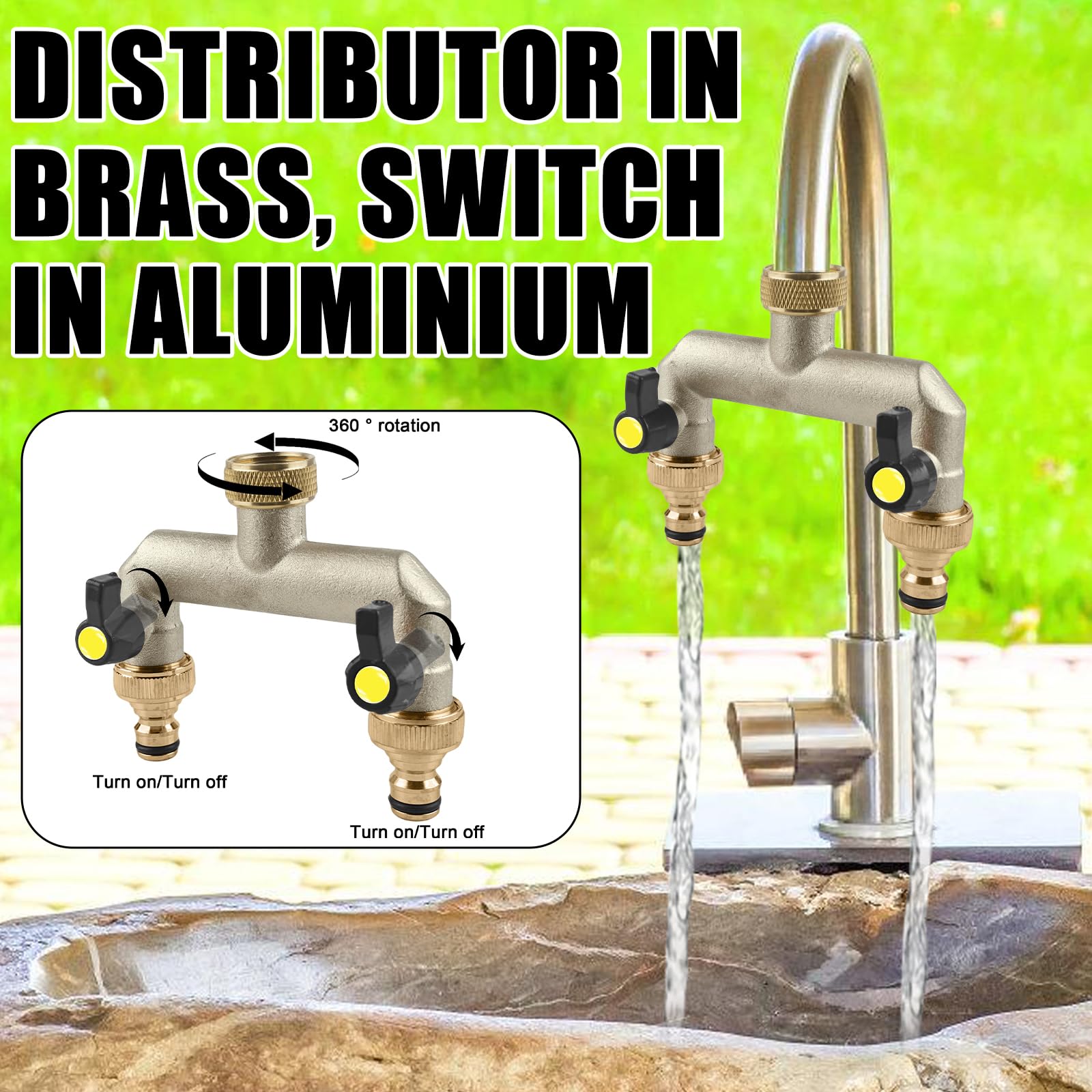 Distributore dell'acqua per rubinetto a 2 vie: distributore d'acqua da giardino in ottone per 2 adattatori per tubo da giardino, 2 distributori da