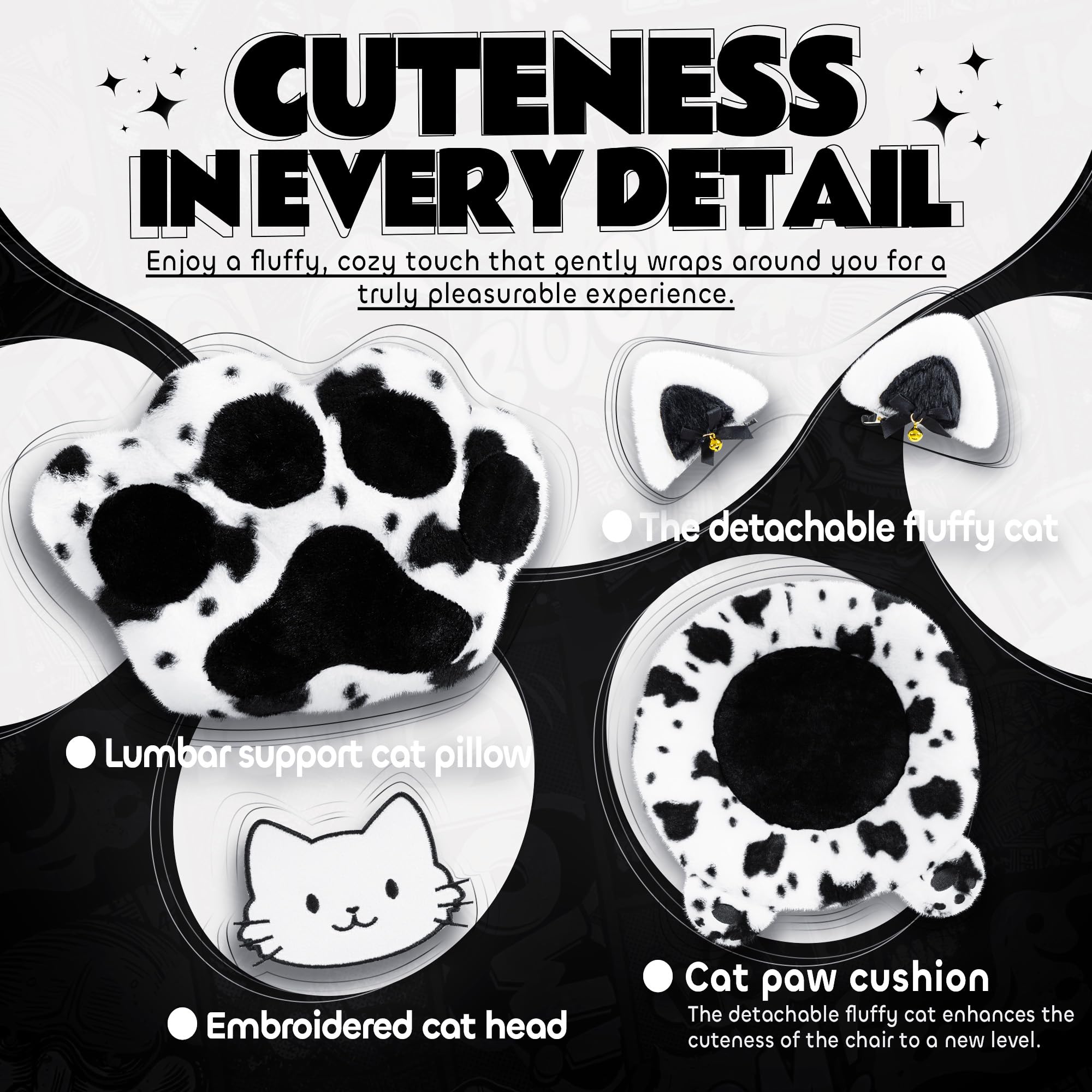 MEENICE Pink Gaming Chair Cute with Cat Ears Paw Lumbar and Cushion,Ergonomic Computer Chair with Footrest,Reclining PC Game Chair for Girl Computer Chair 300lbs for Adult: Black&white