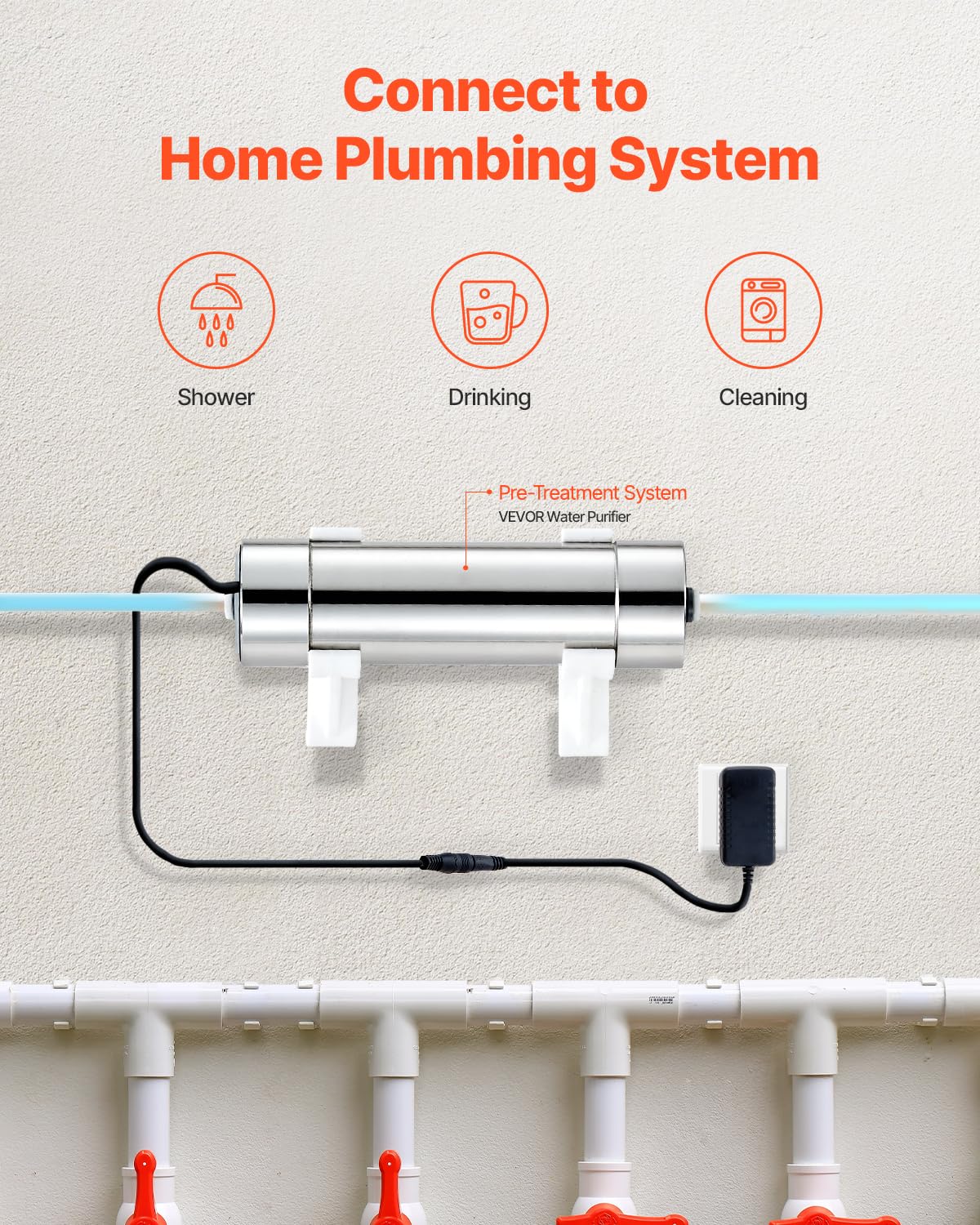 VEVOR 8 W Purificador de Agua Ultravioleta, 1 GPM, Filtro Purificador de Agua Ultravioleta Versátil para Toda la Casa con Carcasa de Acero Inoxidable, Funda de Cuarzo Apto para Ducha, Bebida