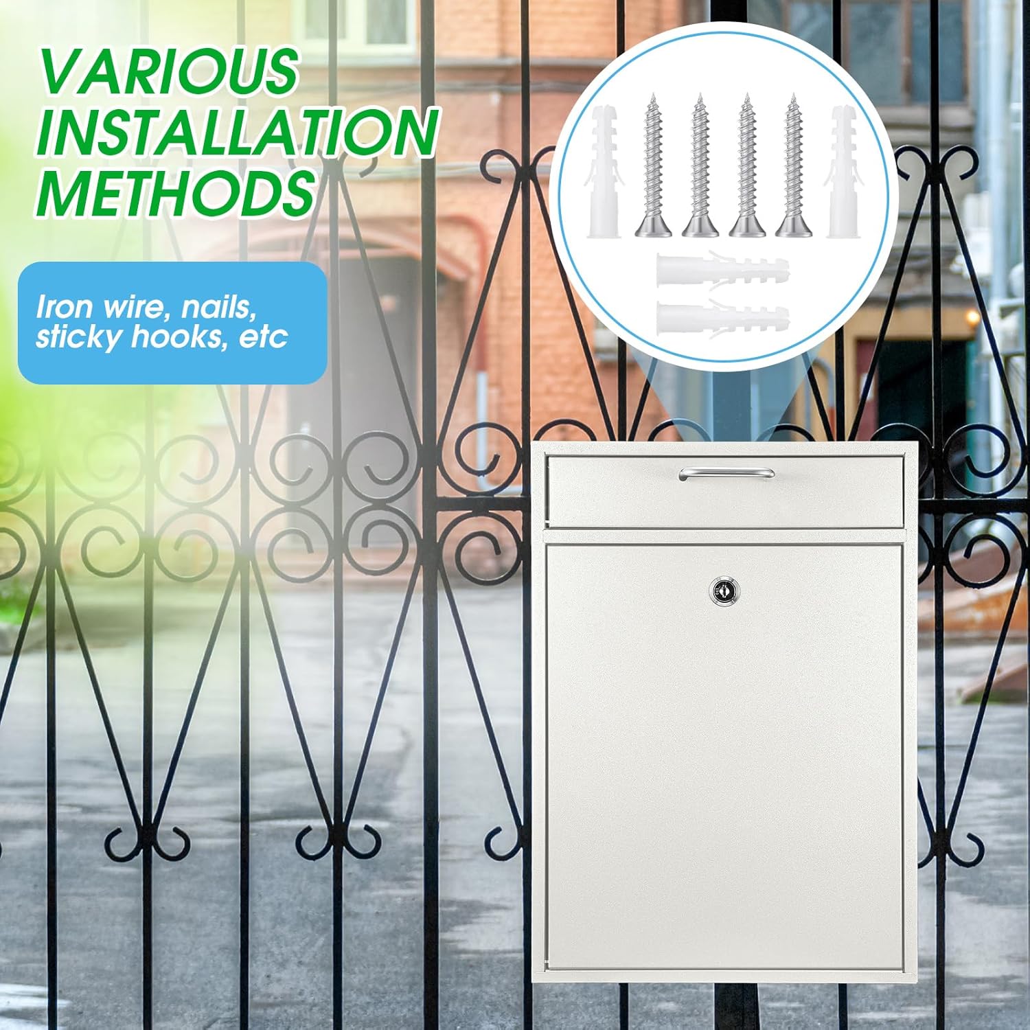 Yaocom Locking Mailbox with Key for Outdoor 16.2 x 11.2 x 4.7 Inches Large Wall Mount Mail Box with Lock Security Mail Drop Metal Collection Boxes Hanging Secure Postbox(Creamy White)