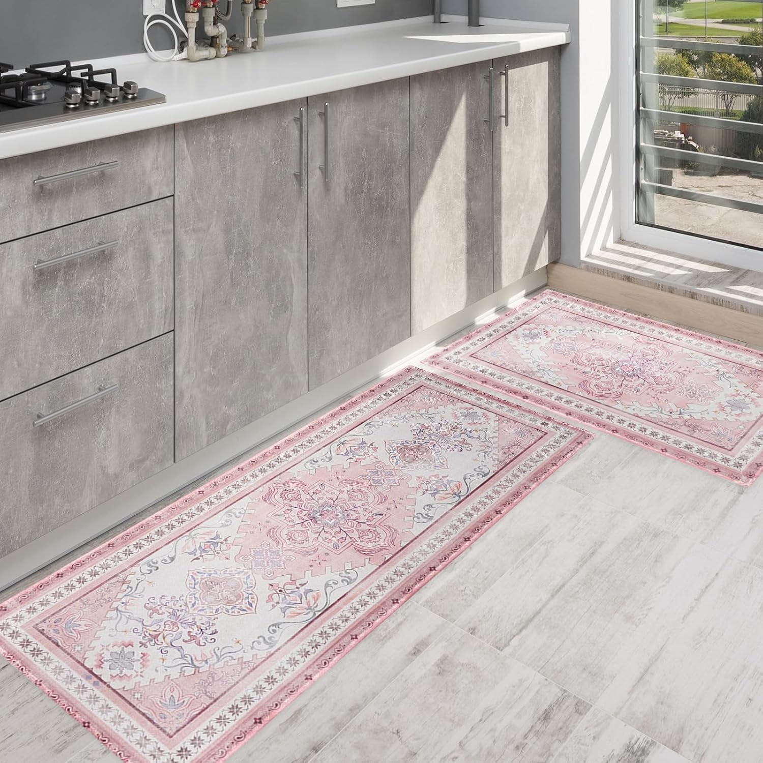 Pink Boho Kitchen Mats for Floor Set of 2, Floor Mat Carpet Runner Area Rug Washable, Pink Home Kitchen Decor and Accessories Stuff, 17x30 and 17x47 Inch
