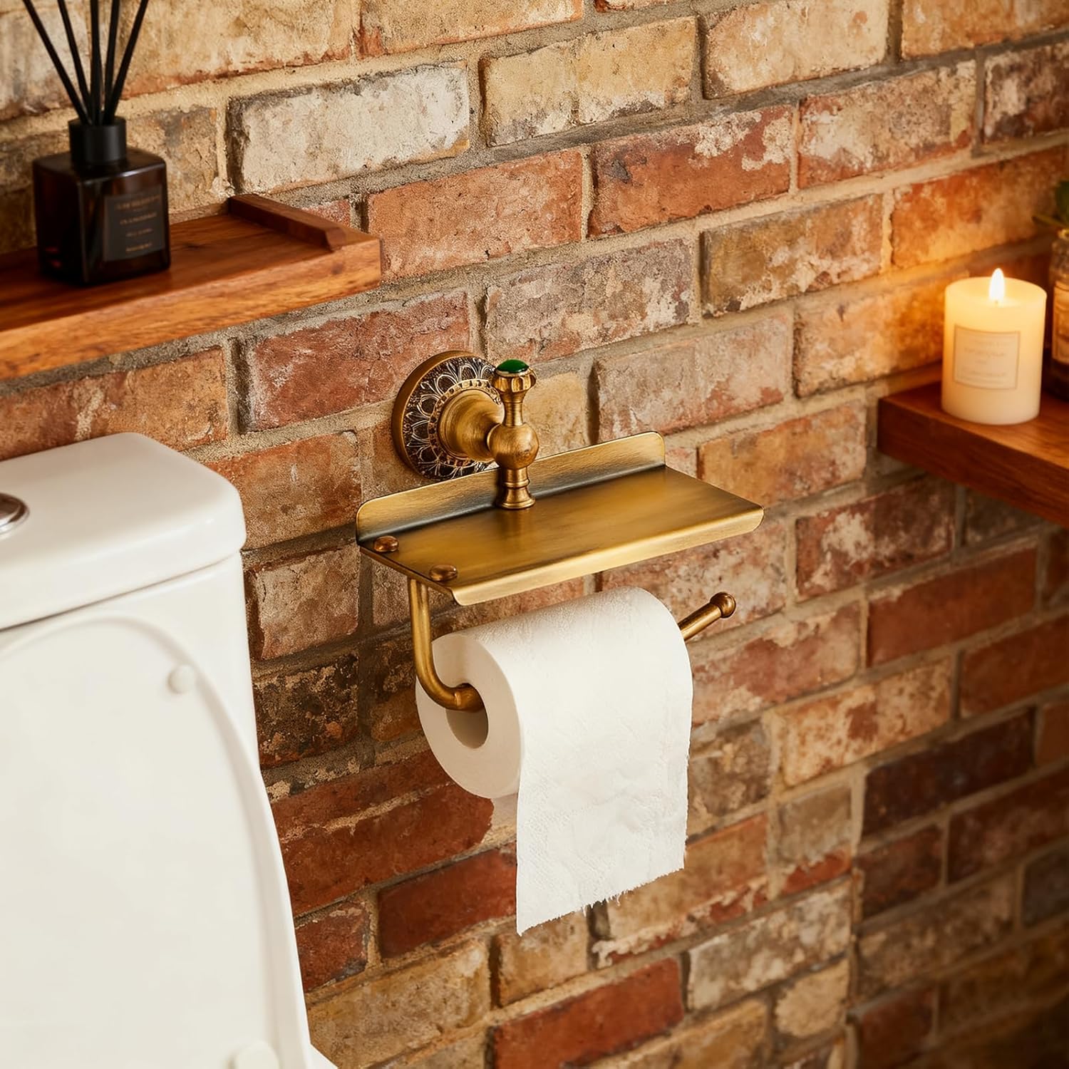 Toilet Paper Holder, NEWRAIN Vintage Bathroom Toilet Paper Roll Holder with Shelf, Solid Brass RV Tissue Roll Holder Wall Mounted, Antique Commercial Farmhouse Toilet Paper Dispenser
