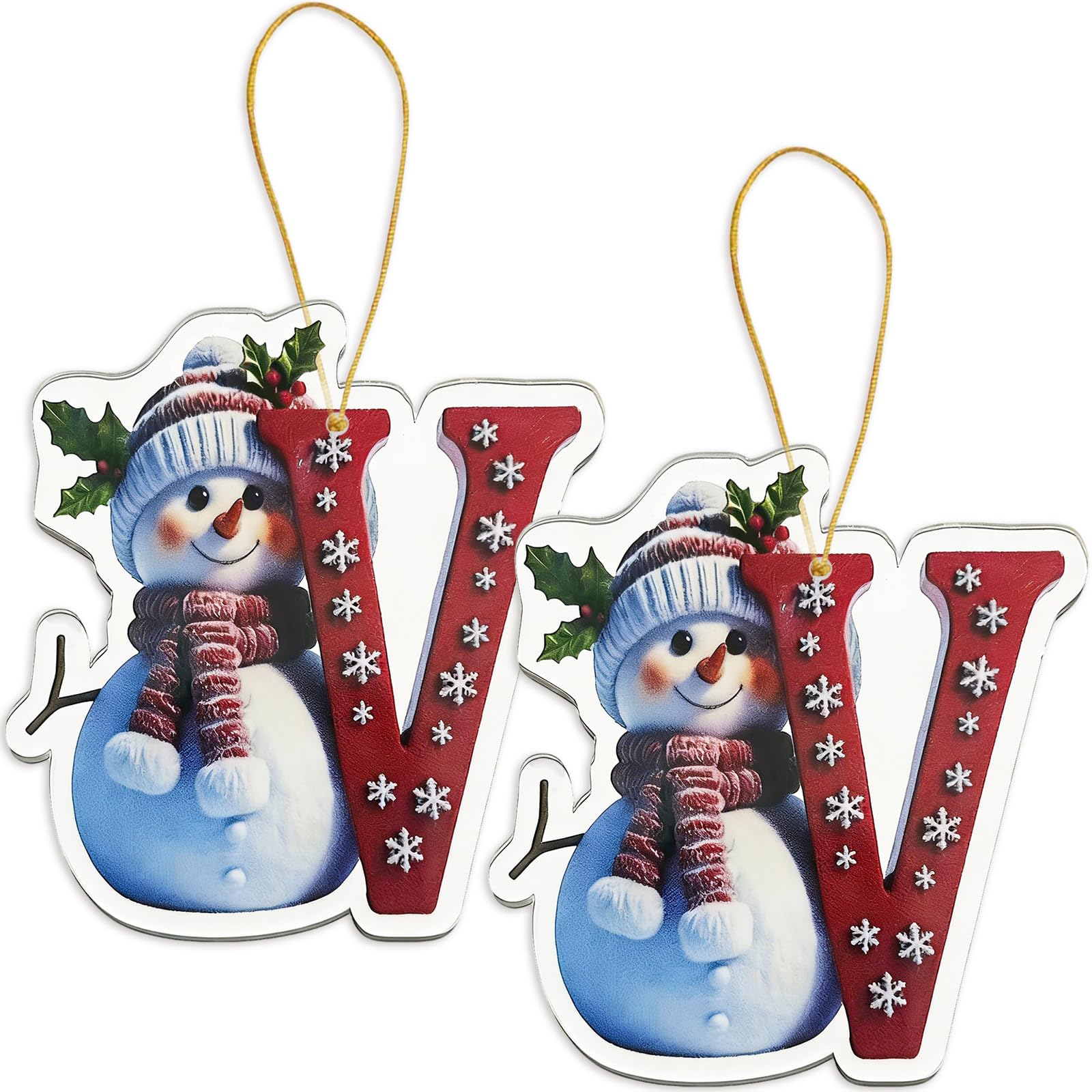 FAMINESS 2PCS 2D Acrylic Letter V Snowman Christmas Ornaments - 26 Alphabet Tree Decorations Hanging Ornaments for Party Gifts