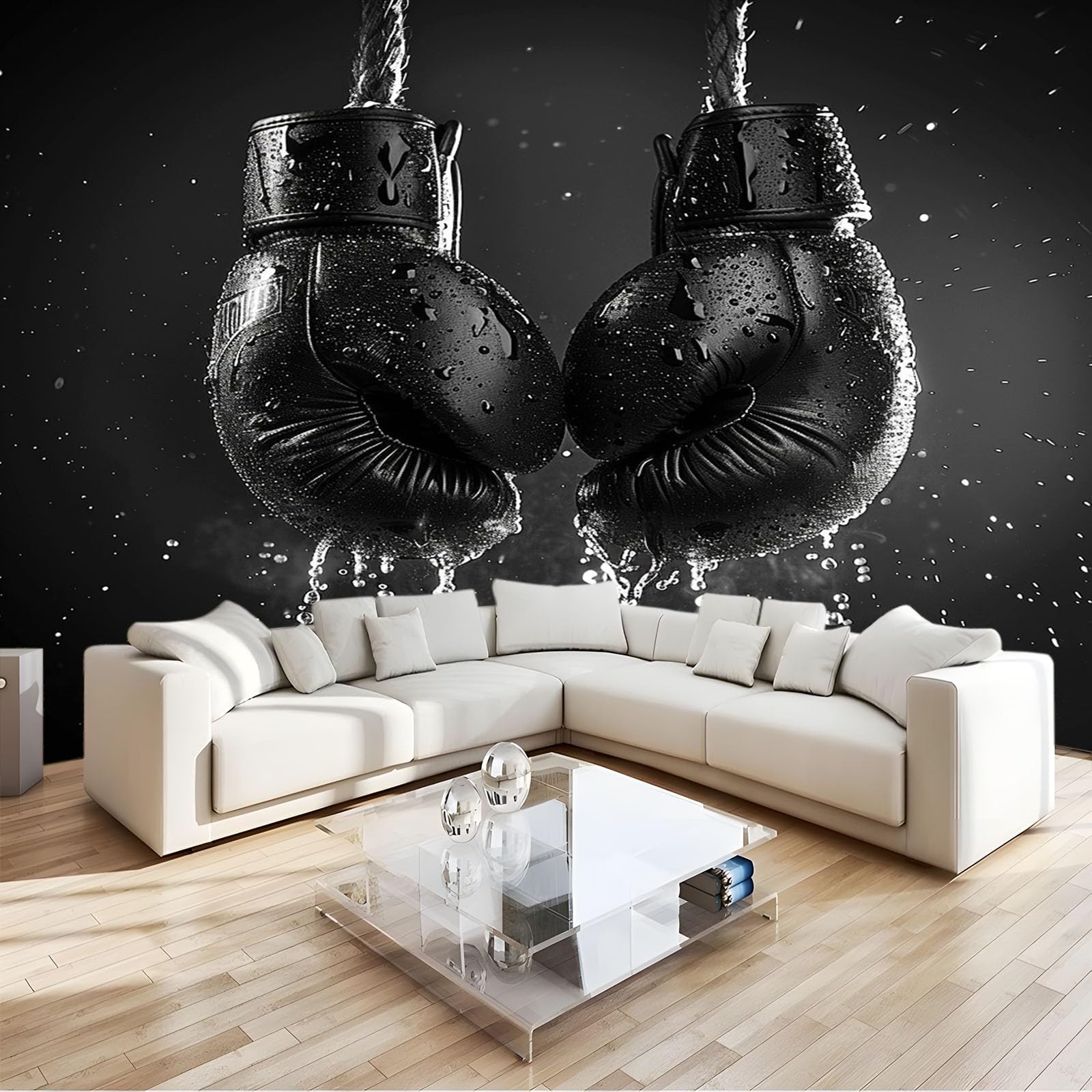 Non-Woven Wallpaper Boxing Gloves Black 3D Wall Art Photo Wallpaper Wall Mural Home Bedroom Living Room Poster Decoration W300 x H210 cm