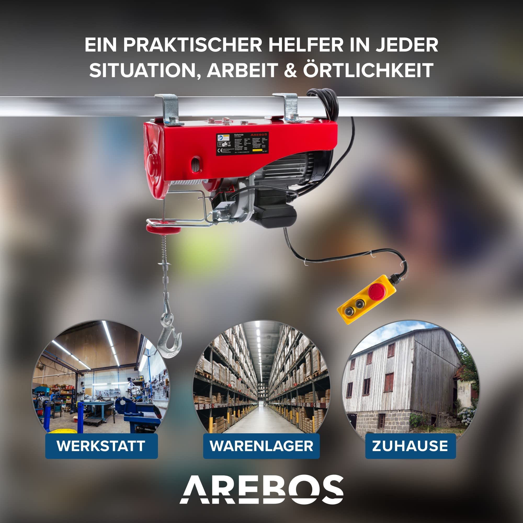 Arebos Elektrische Seilwinde | Seilzug | Seilhebezug | Motorwinde | Flaschenzug | Hebezug| Elektrischer Kettenzug mit Kabel-Fernbedienung | Hubhöhe 12m | GS | Tragkraft 500kg bis 1000kg
