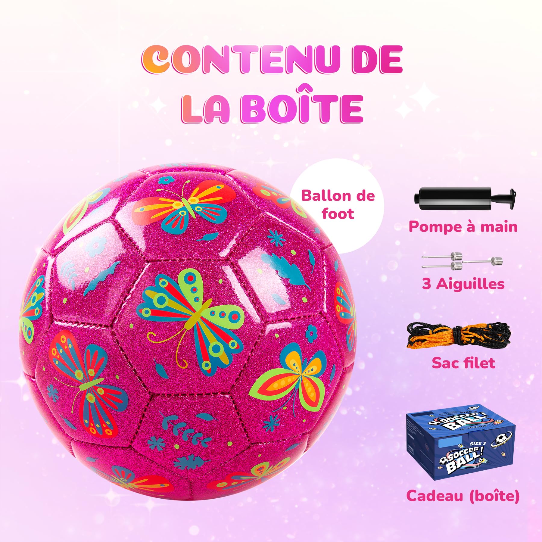U&C Planet Ballon de Football Size 3 pour Enfants âgés de 3 à 8 Ans Motif Papillon Rose Vif Brillant Comprend Une Pompe à Main et Un Sac en Filet