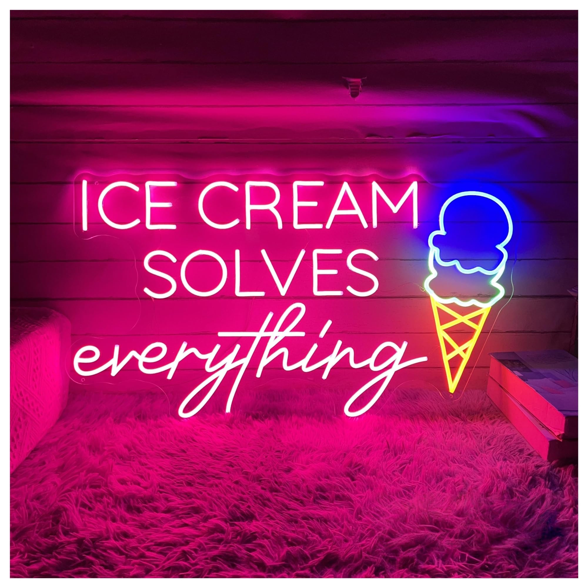 SHOUXI Sign Lamp Ice Cream Solves Everything Neon Sign, for Coffee Bar Wall Decor Light Yogurt Shop 31cmx55cm(B)
