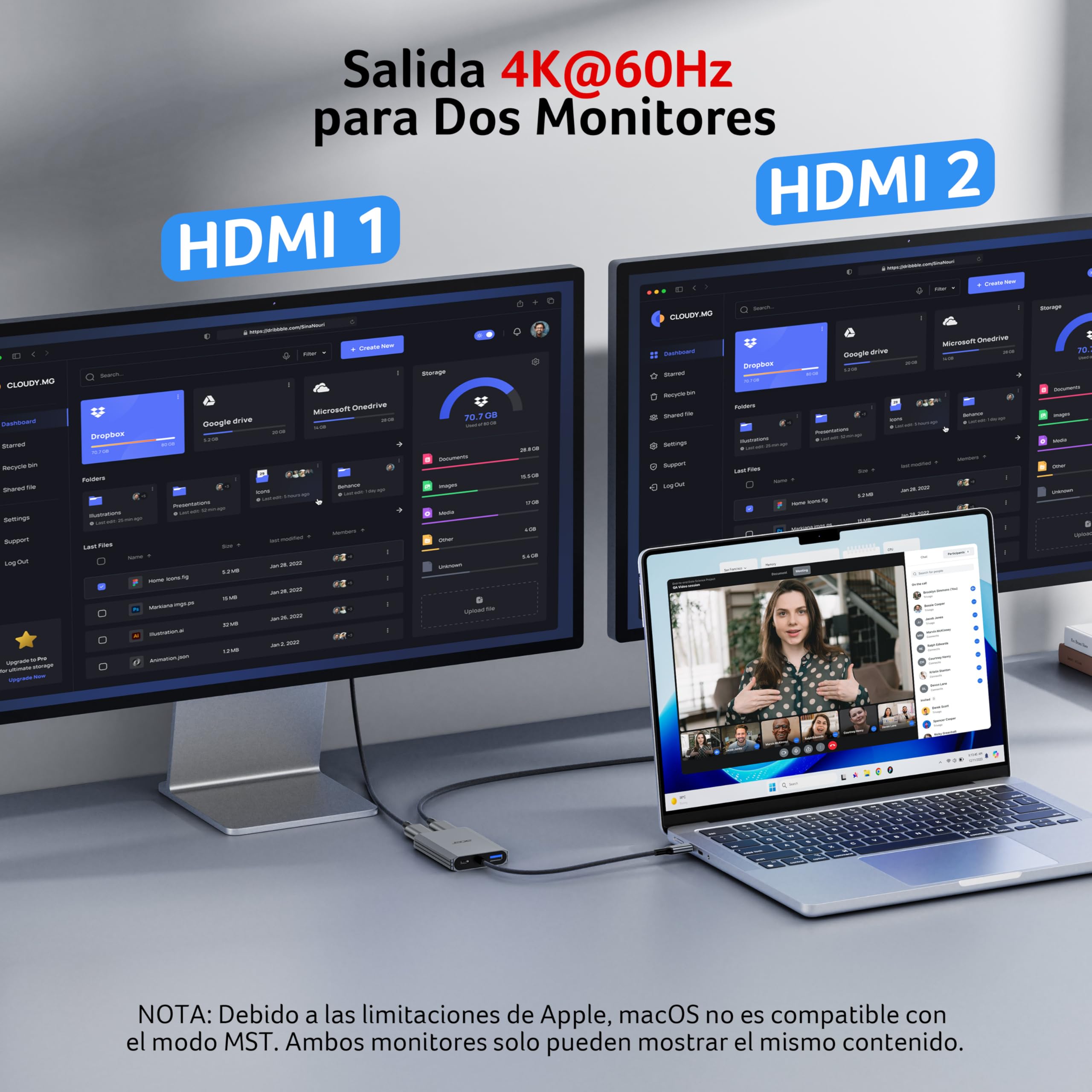 acer Adaptador USB C a HDMI Dual 4K@60 Hz, Adaptador Multipuerto Hub USB C 4 en 1 con PD 100W, USB 3.0, HDMI a USB C para Monitores Duales, Compatible con MacBook Air/Pro, DELL XPS, HP, etc