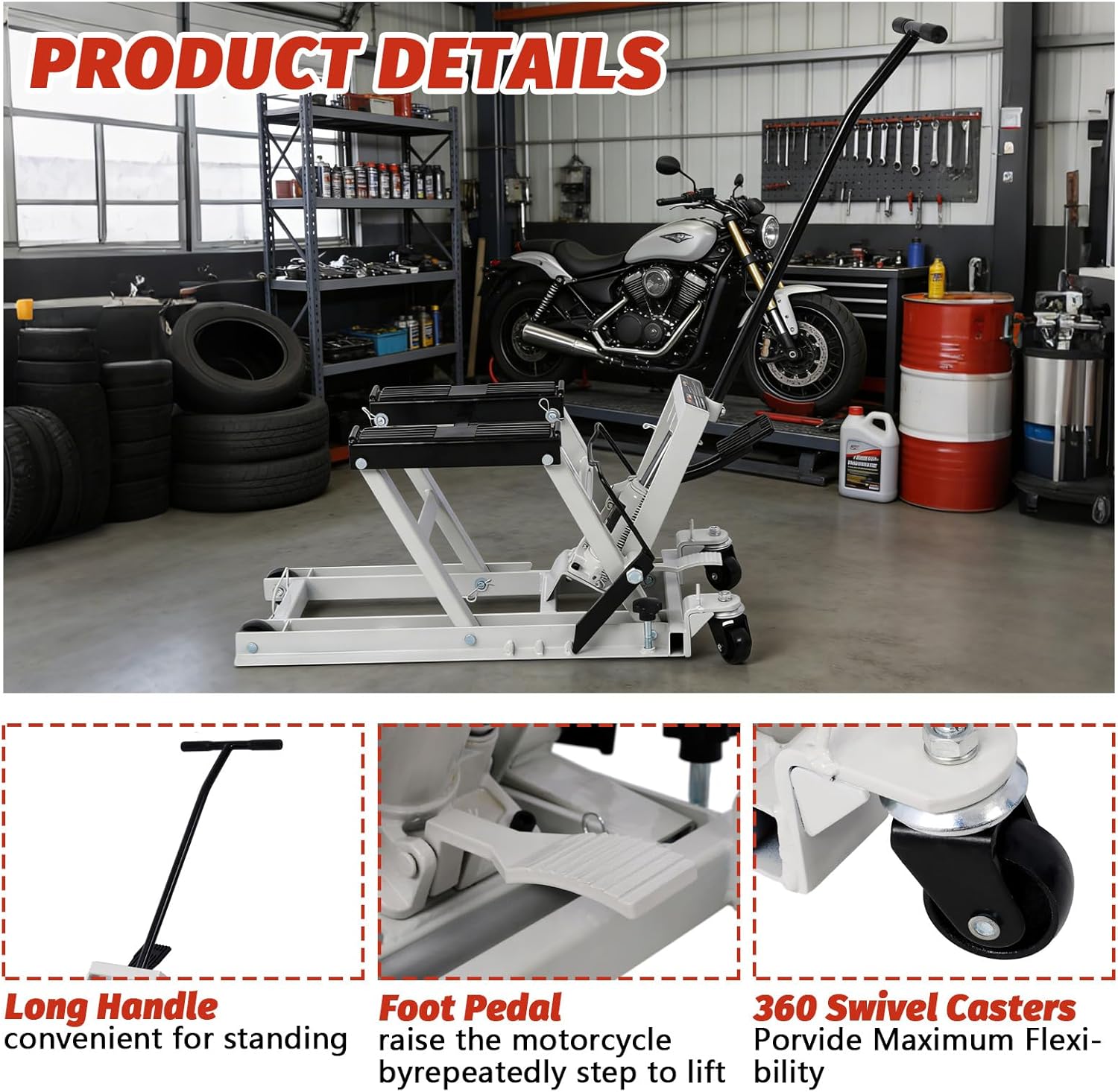 Hydraulic Motorcycle Lift Jack, 1500 LBS Capacity ATV Scissor Lift Jack, Portable Motorcycle Lift Table with 4 Wheels, Hydraulic Foot-Operated Hoist Stand (Gray)