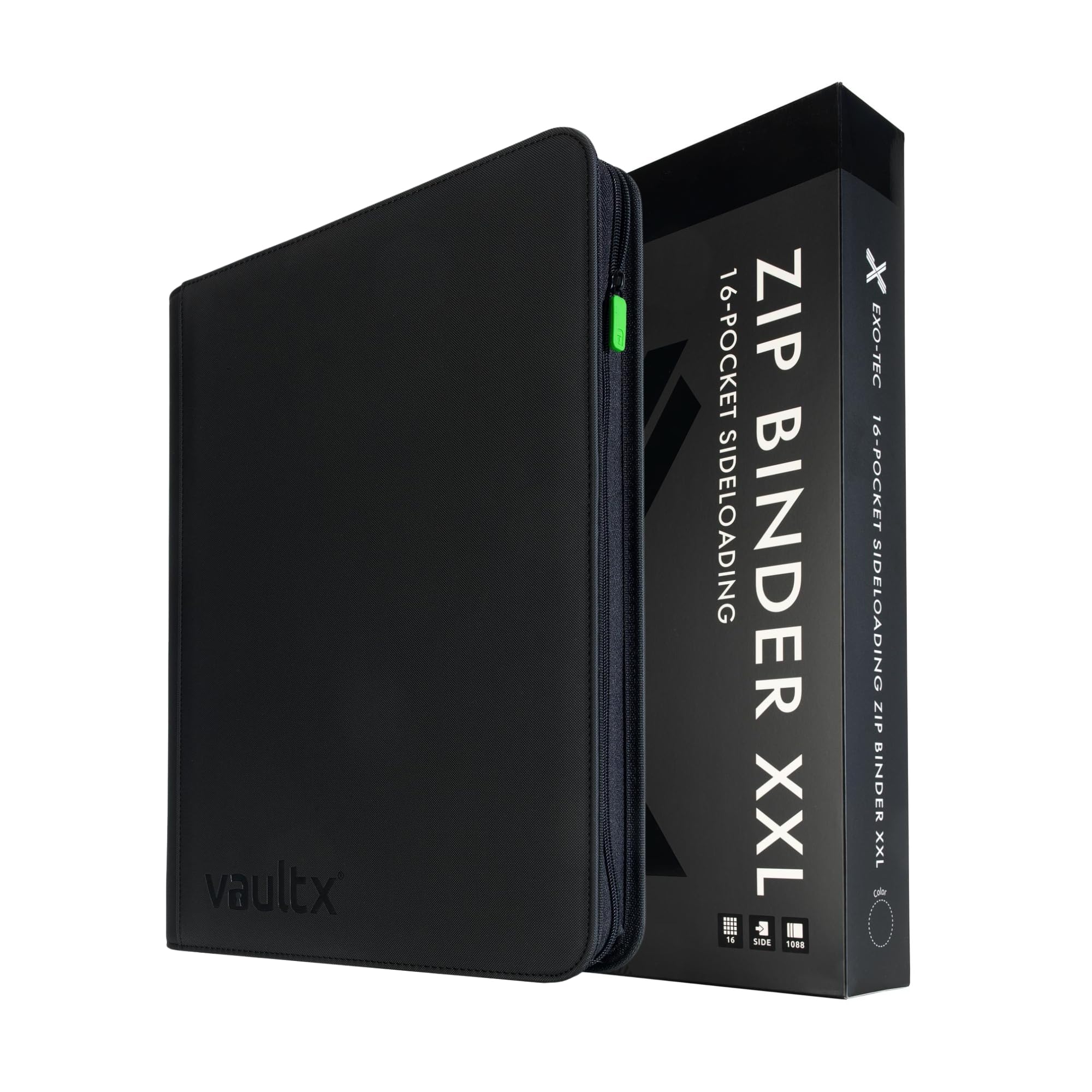 Vault X Álbum Exo-Tec XXL con Cremallera, para 1088 Cartas Coleccionables, 16 Bolsillos, 34 Páginas de Carga Lateral (Negro)