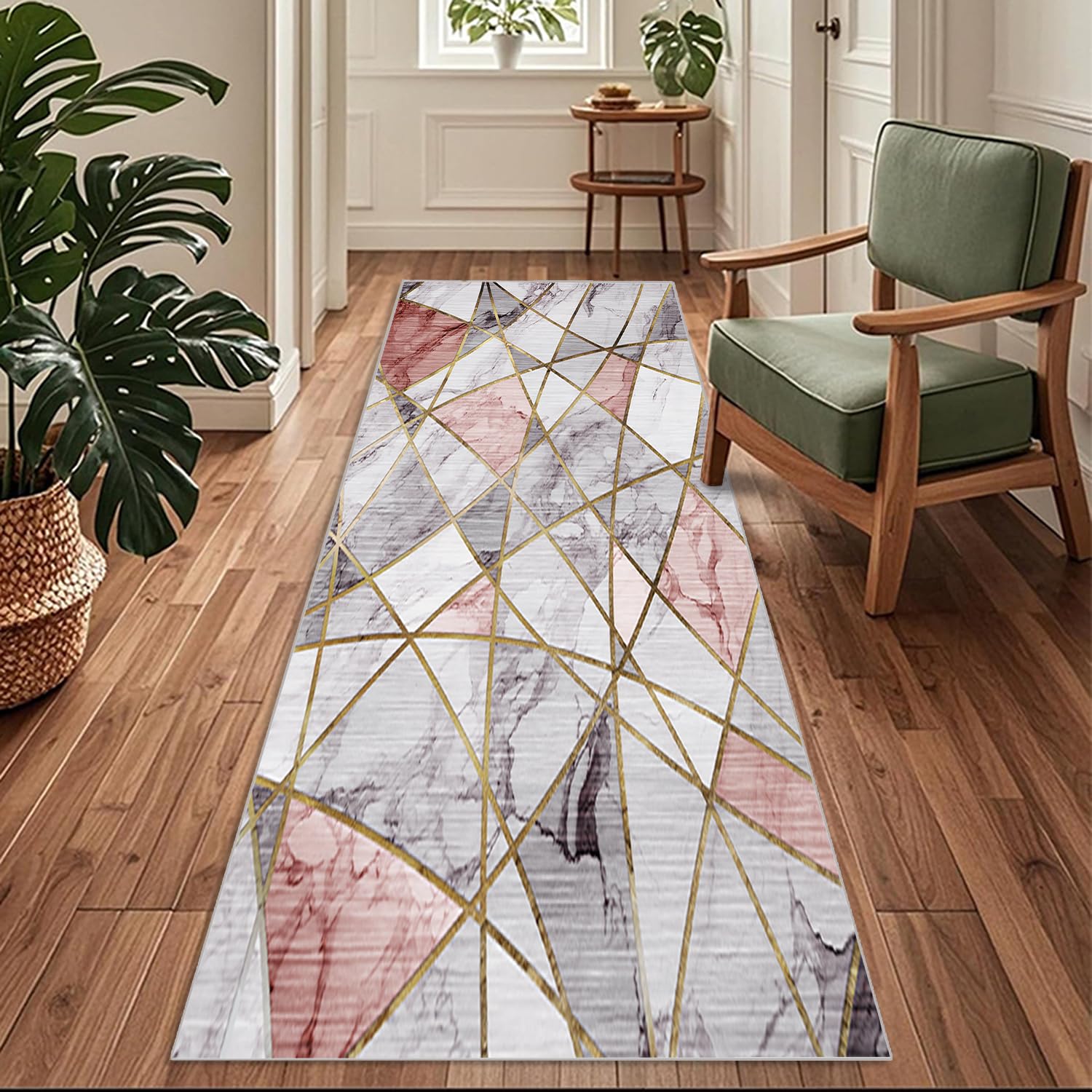 Siunwdiy Pink Hallway Runner 100x440cm Non Slip Washable Carpet Modern Rug for Entryway Laundry Room, Extra Long Floor Carpet Runner for Kitchen Corridor