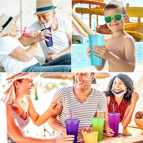 Miniatura 7 de Honeydak Paquete de 100 vasos con popote y tapa, vasos de plástico con purpurina a granel, botella de agua, taza de viaje para café helado, tazas