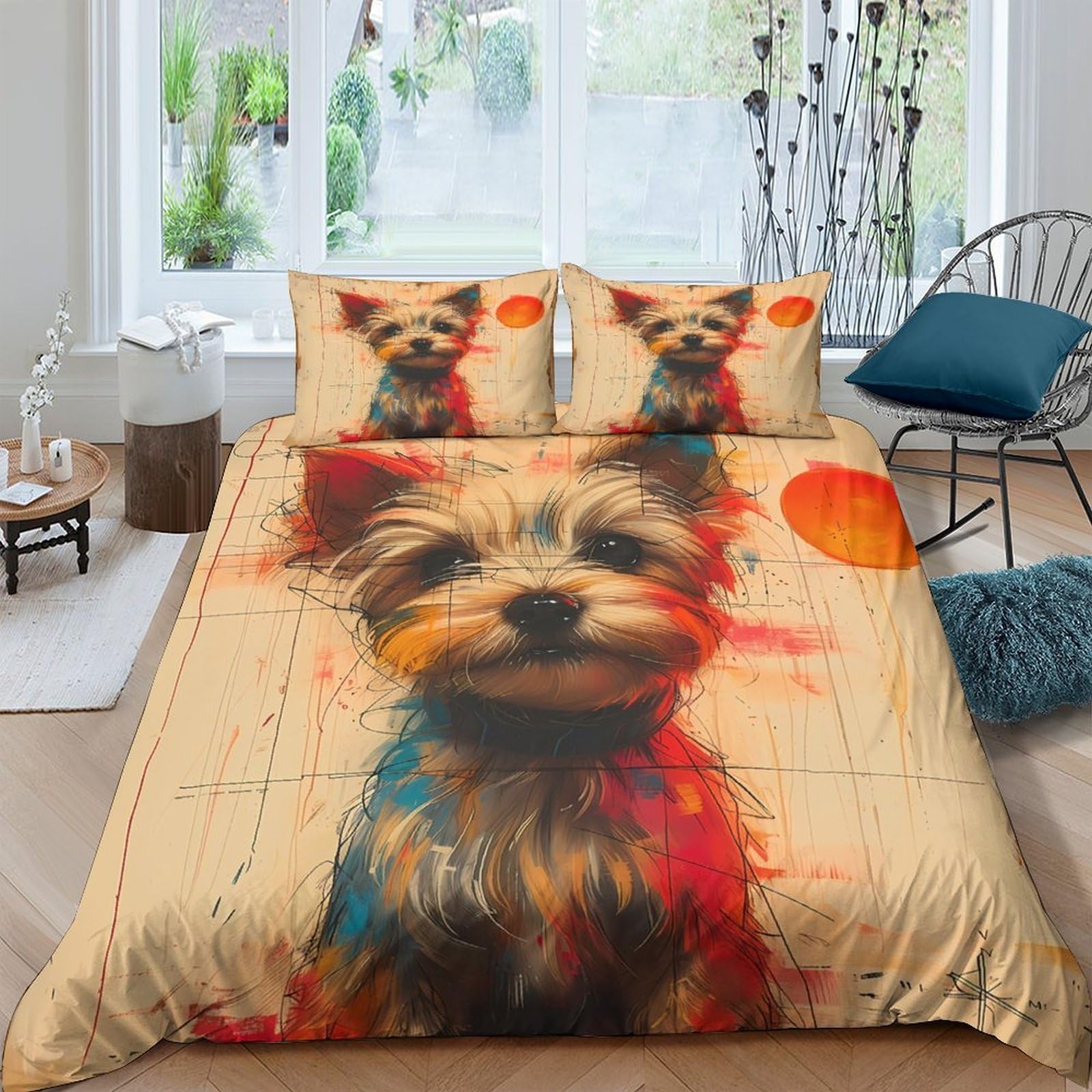 Ctjqhvkz Style-4 3D Printed Yorkshire Terrier Dog Fitted Sheet Microfiber Orange Splash Bed Cover For Bedroom Guest Room Decor Single（135X200cm）