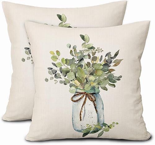 aportt Juego de 2 fundas de almohada de hojas de eucalipto verdes de 20 x 20 pulgadas, para primavera y verano, para sofá, estilo granja, acuarela,
