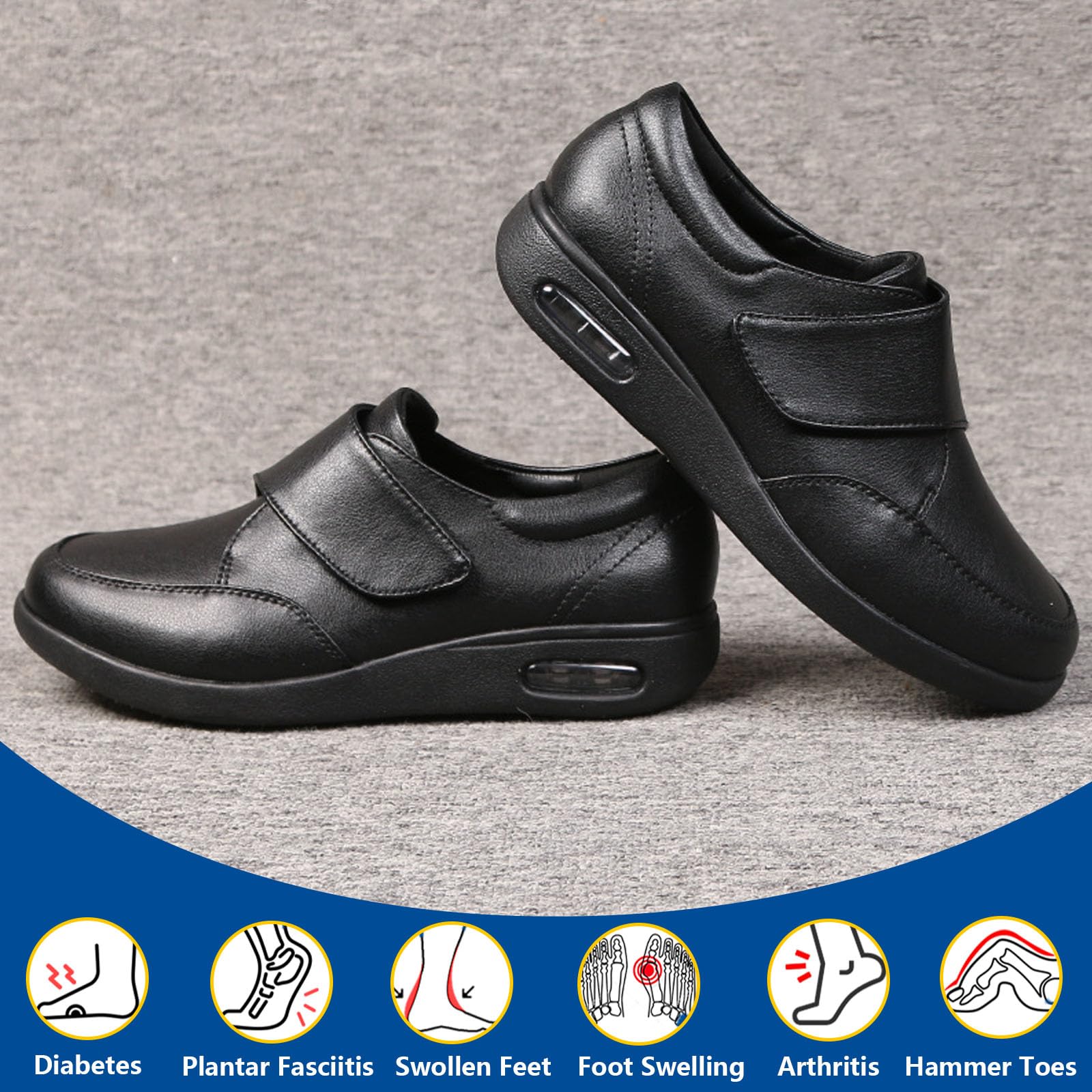 bumuam Scarpe Extra Larghe da Donna Uomo,Scarpe Funzionali Ortopediche Portatili in Pelle Nera per Regolabile Comfort per Sport Anziani Escursionismo EU 37.5(24.5cm/9.6in)