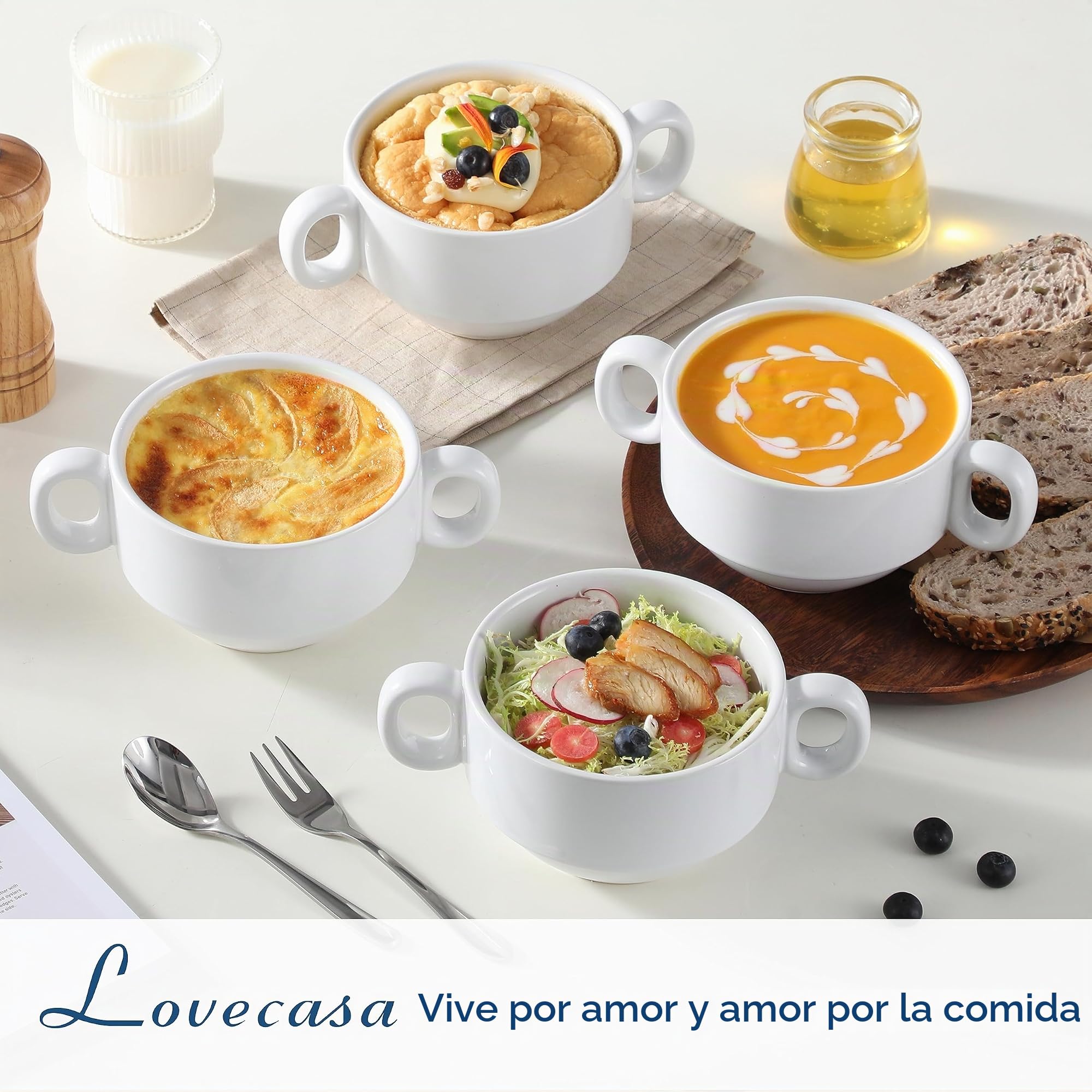 LOVECASA Tazones de Consomã y Cereales 590 ml con 2 Asas, Soperas Pequeña de Porcelana, Juego de 4 Cuencos para Ensalada de Frutas con Yogur, Aptos para Microondas y Lavavajillas, 12 x 8 cm, Blanco