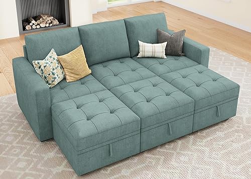 Miniatura 10 de HONBAY - Sofá seccional modular con cama desplegable, de terciopelo convertible en forma de L con asiento de almacenamiento, sofás seccionales