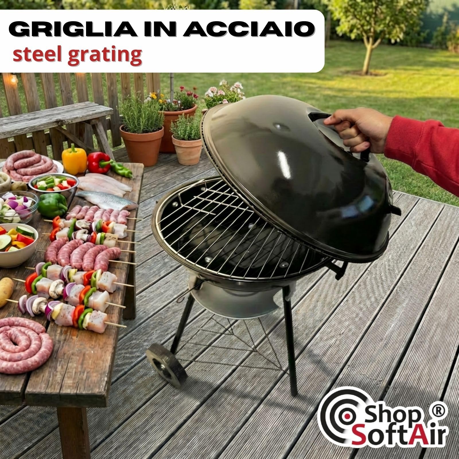 Barbecue a Sfera con Coperchio e Raccoglicenere, Grill a Carbonella da Esterno, Ø 44 cm, 70 cm Altezza, 2 Ruote, Ripiano Inferiore, Ventilazione Regolabile, Nero - 4