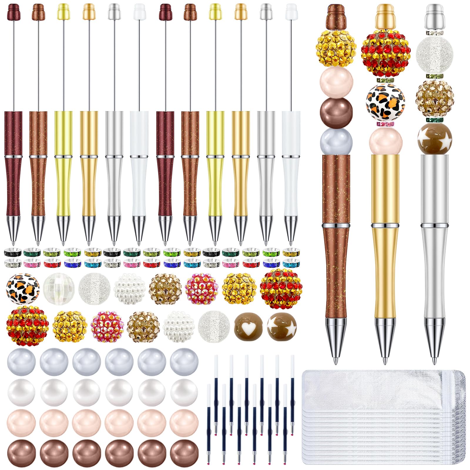 ENERHOPE 12 Sets Plastic Beadable Pens Assorted Bead Pens Multicolor Beads Bubblegum Beads Crystal Spacer Beads Black Ink Ballpoint DIY Bead Pen Set