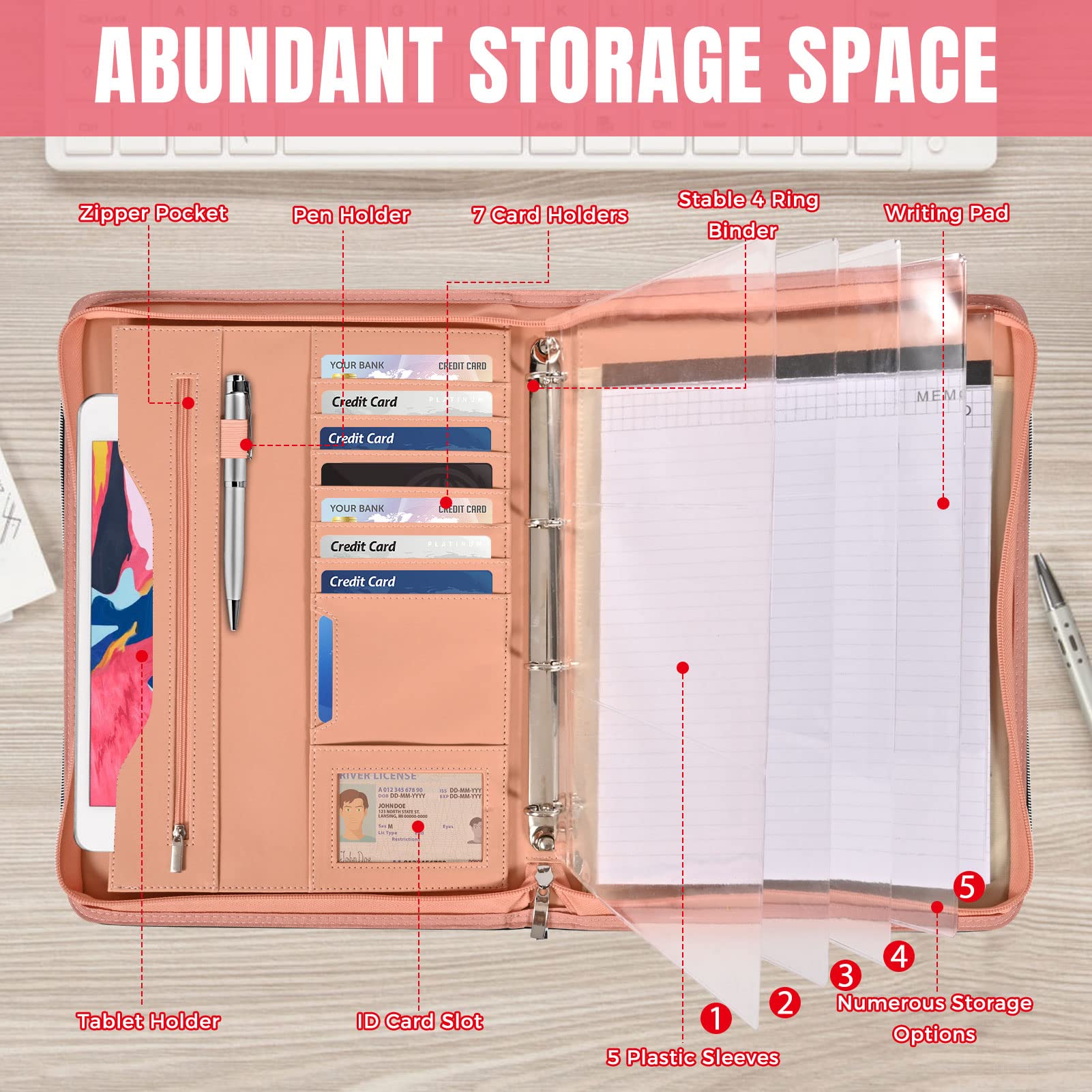 Porte-documents organiseur d'affaires et carnet de notes à anneaux amovibles, classeurs à fermeture éclair pour homme et femme (rose)