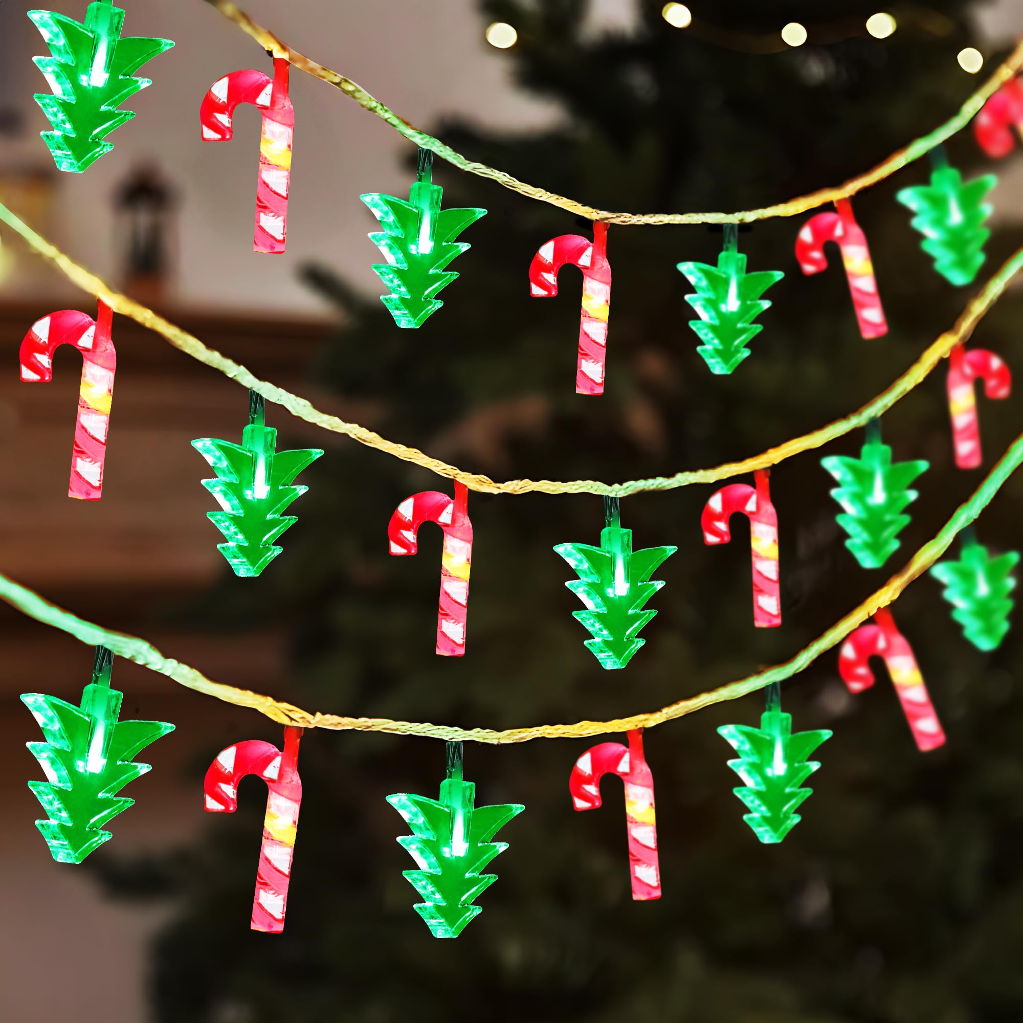 Christmas Decorations Lights, 10.3ft 20 Led Battery Christmas Lights | Timer, 8 Modes, Green Xmas Tree & Red Cane String Lights for Xmas Tree Wreath Window Wall Home Garden Outdoor Indoor Decor