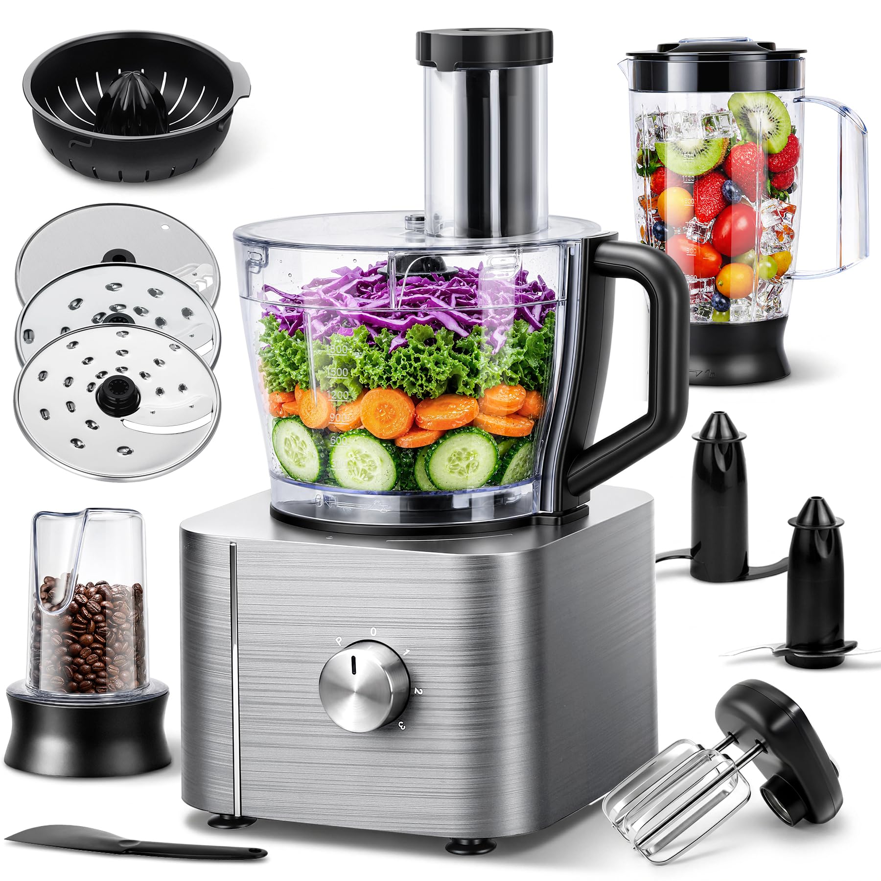 Food Processor, TopStrong 11-in-1 food processor and blender with Chopping Blending Kneading Grinding Whisking Juicing, 1100W, 3 Speeds Plus Pulse, 3.2 L Bowl and 1.5L Jug Blender, Color Silver