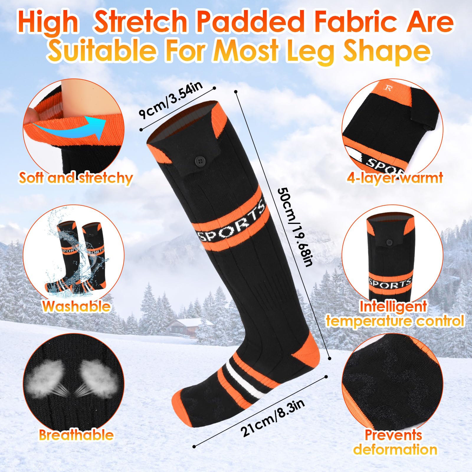 Chaussette Chauffante, 5000mAh Chaussettes Chauffantes Rechargeables avec 4 Températures, Chaussette chauffante Lavables pour la Chasse d'hiver/Ski/vélo, Unisexe Chauffe Pied
