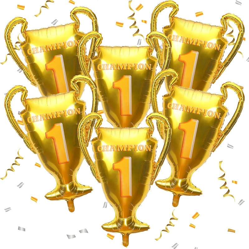 6 Pack Gold Champion Trophy Foil Balloons for sport field day decorations | Sports Award Theme, Wrestling Basketball Soccer Football, Championship Decor, birthday Anniversary Games Celebration