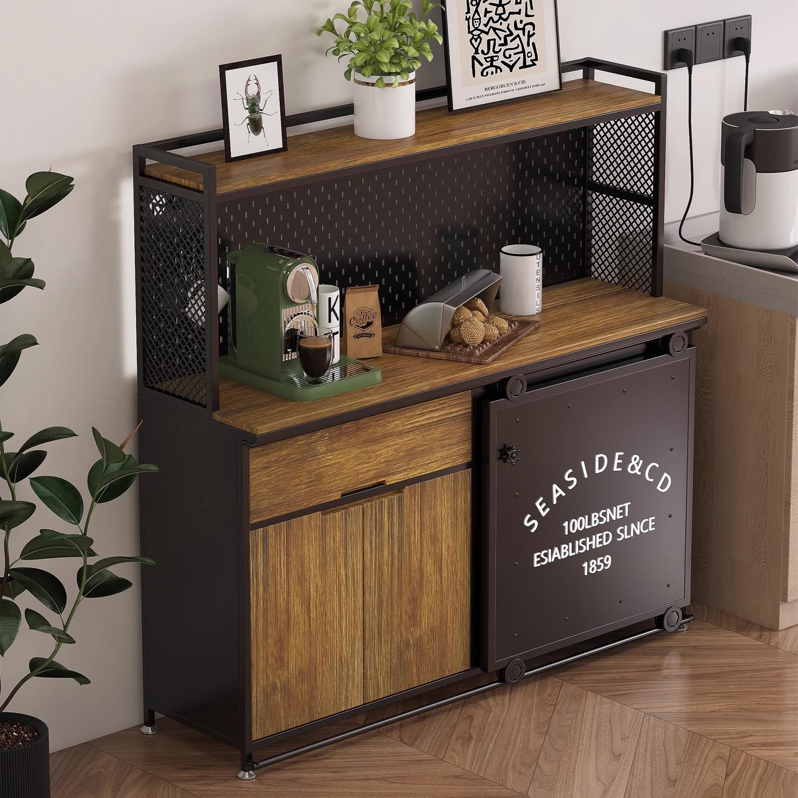 Meuble de Cuisine avec Plan de Travail, Meuble de Bar à Café de Ferme, Étagère de Boulanger en Bois, Panneau Perforé Suspendu DIY, Portes D'armoires Coulissantes
