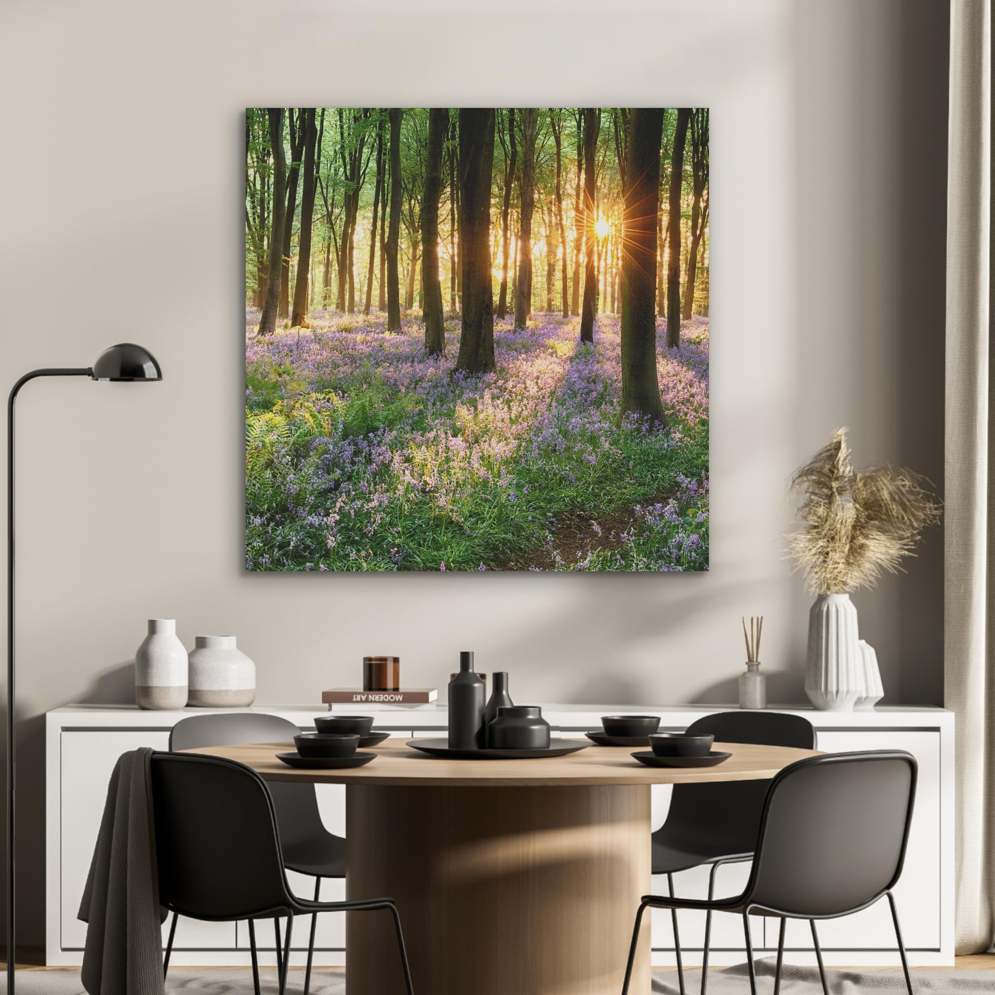 MuchoWow© Wandbilder aus Filz 90x90 cm Wohnzimmer Wanddeko Schlafzimmer Zimmerdeko Wandgemälde Zimmer Deko für die Wand Dekoration Wall Art Wald - Blumen - Lavendel - Sonne - Lila - Natur