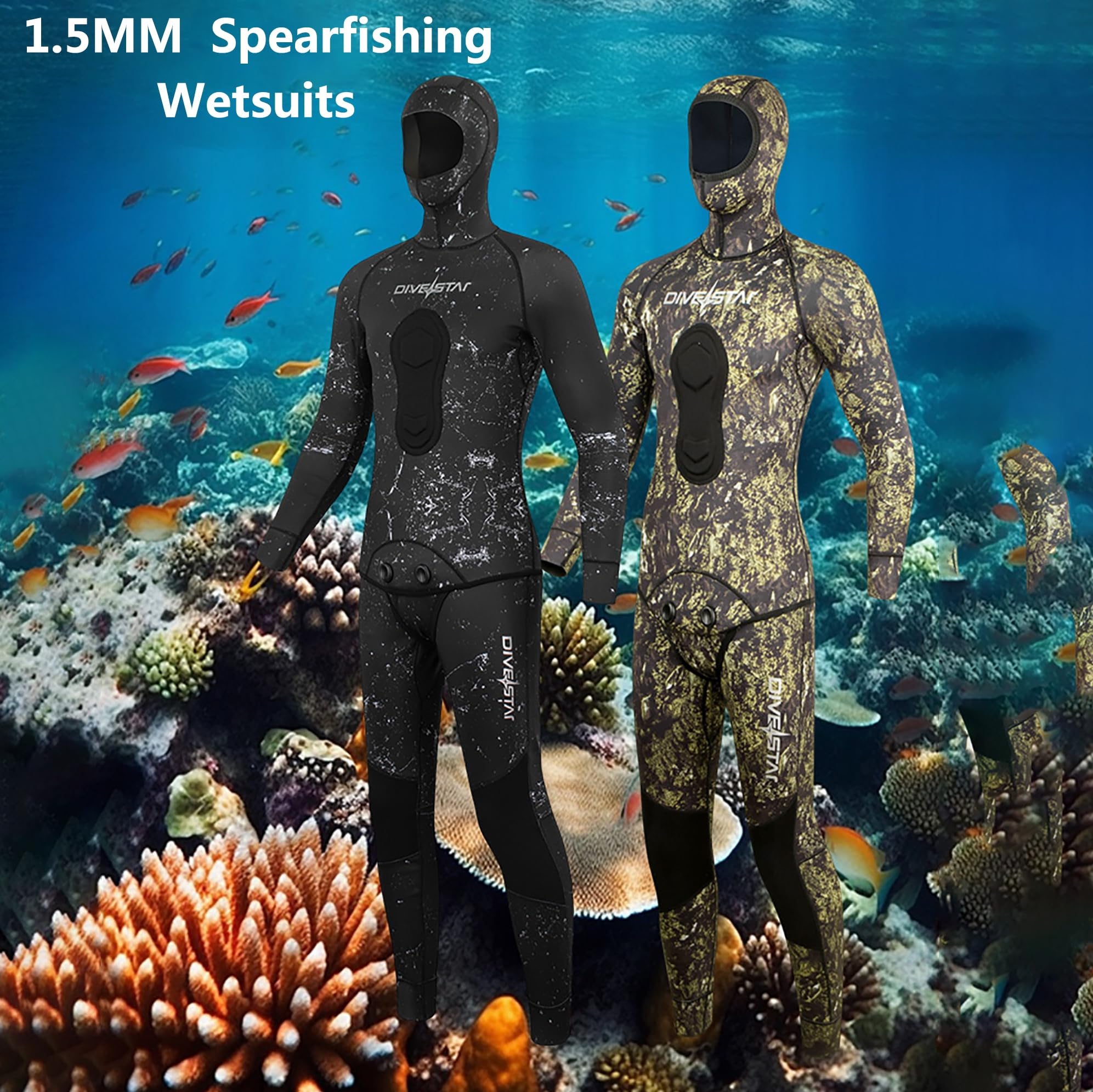 Muta Mimetica da Pesca Subacquea in Neoprene 1,5 Mm con Cappuccio – Tuta da Immersione a 2 Pezzi con Rinforzo Toracico, Ideale per Apnea e Snorkeling