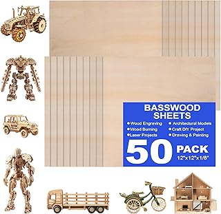 50 Pack 12"x12"x1/8" Basswood Sheets - 3mm Craft Plywood for DIY Ornaments, Model Engraving, Laser Cutting, Architectural Models, Drawing, Wood Burning