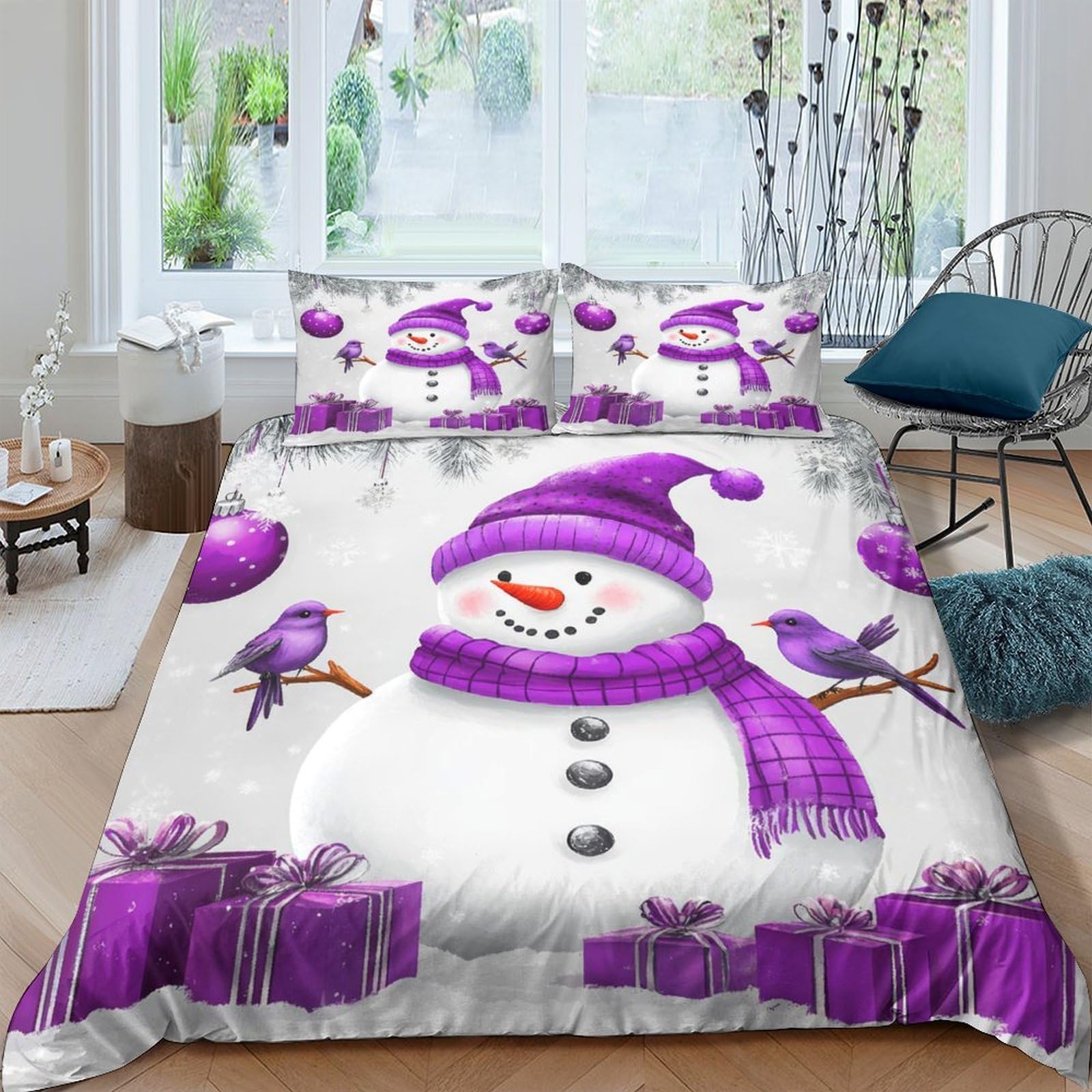 Ctjqhvkz Style-3 3D Printed Purple Snowman Fitted Sheet Microfiber Soft Winter Birds Bed Cover For Bedroom Dorm Decor Protection Single（135X200cm）